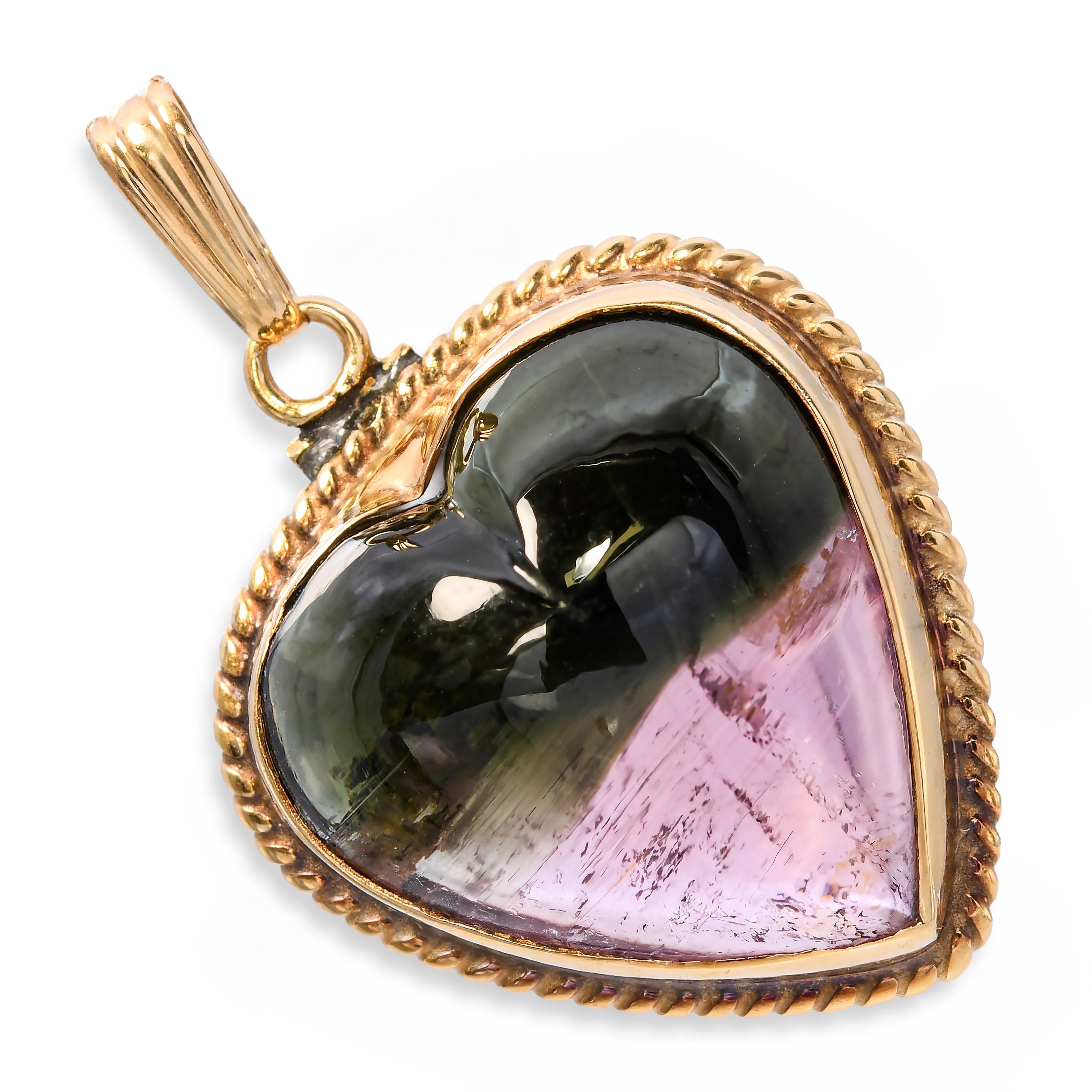 Vintage 14k Yellow Gold 14.2ct Watermelon Tourmaline Heart Pendant