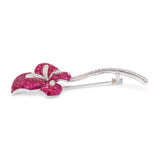 Vintage 18k White Gold Invisible Set Ruby and Diamond Flower Brooch