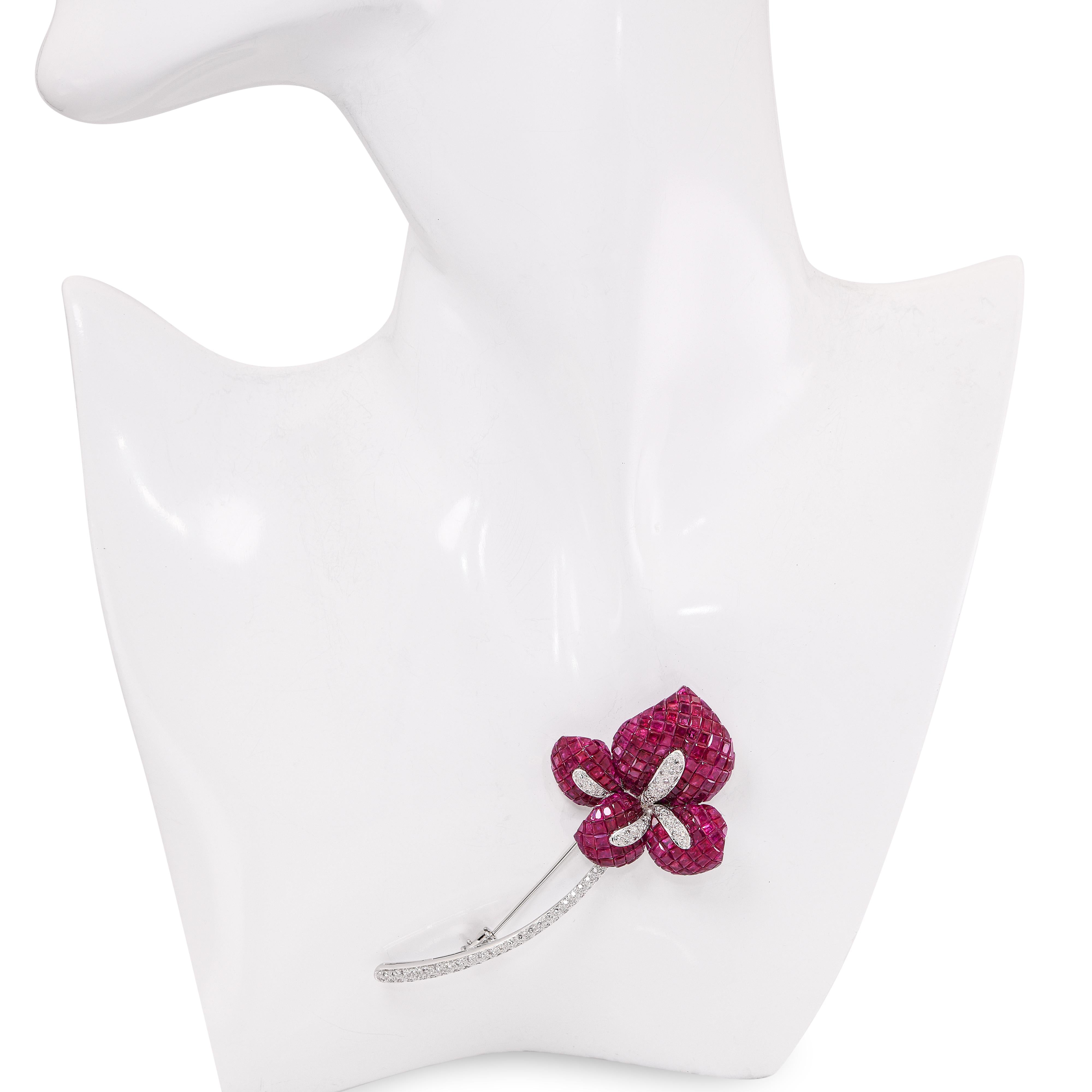 Vintage 18k White Gold Invisible Set Ruby and Diamond Flower Brooch
