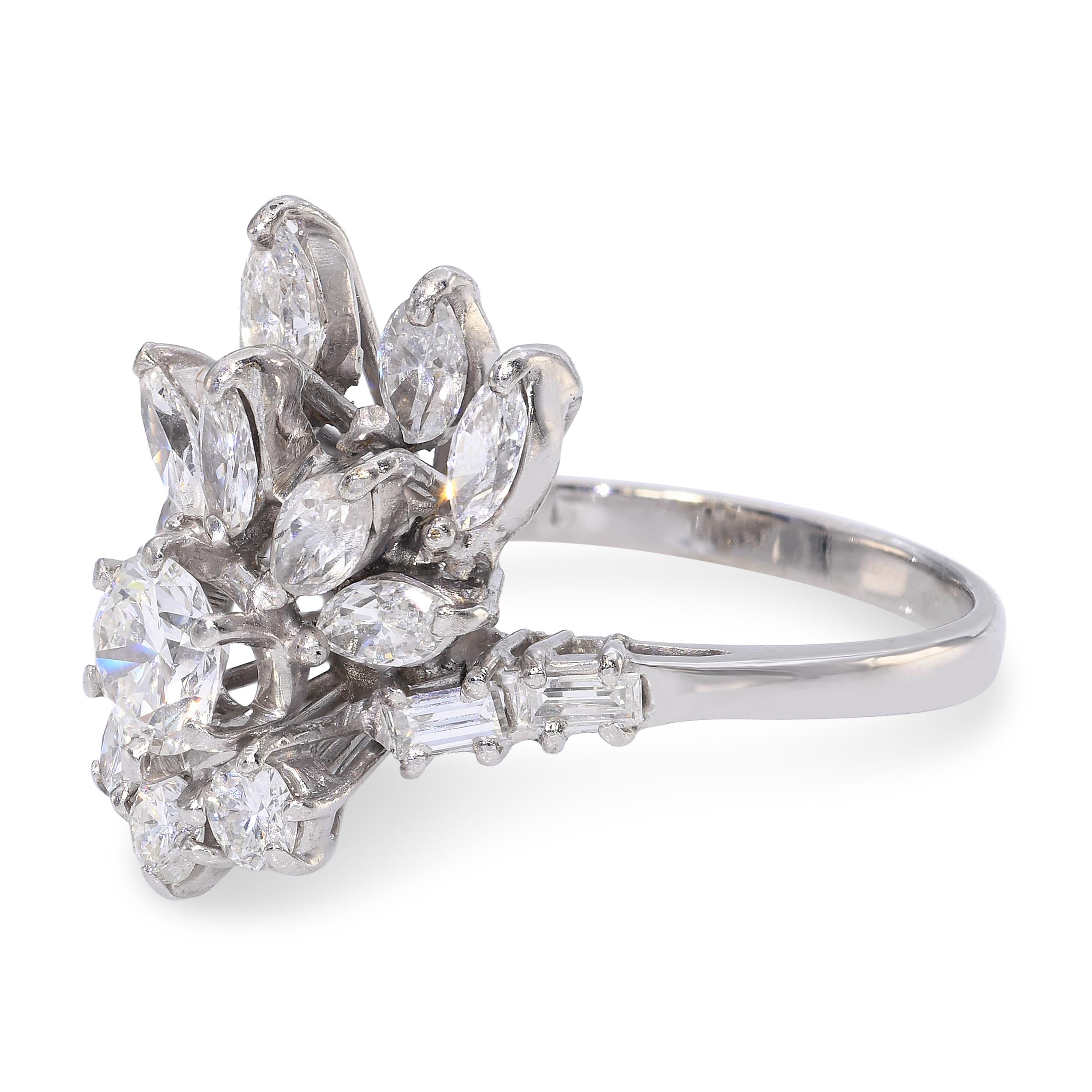 Vintage 18k White Gold 1.56tcw H Si1 Diamond Floral Cluster Ring
