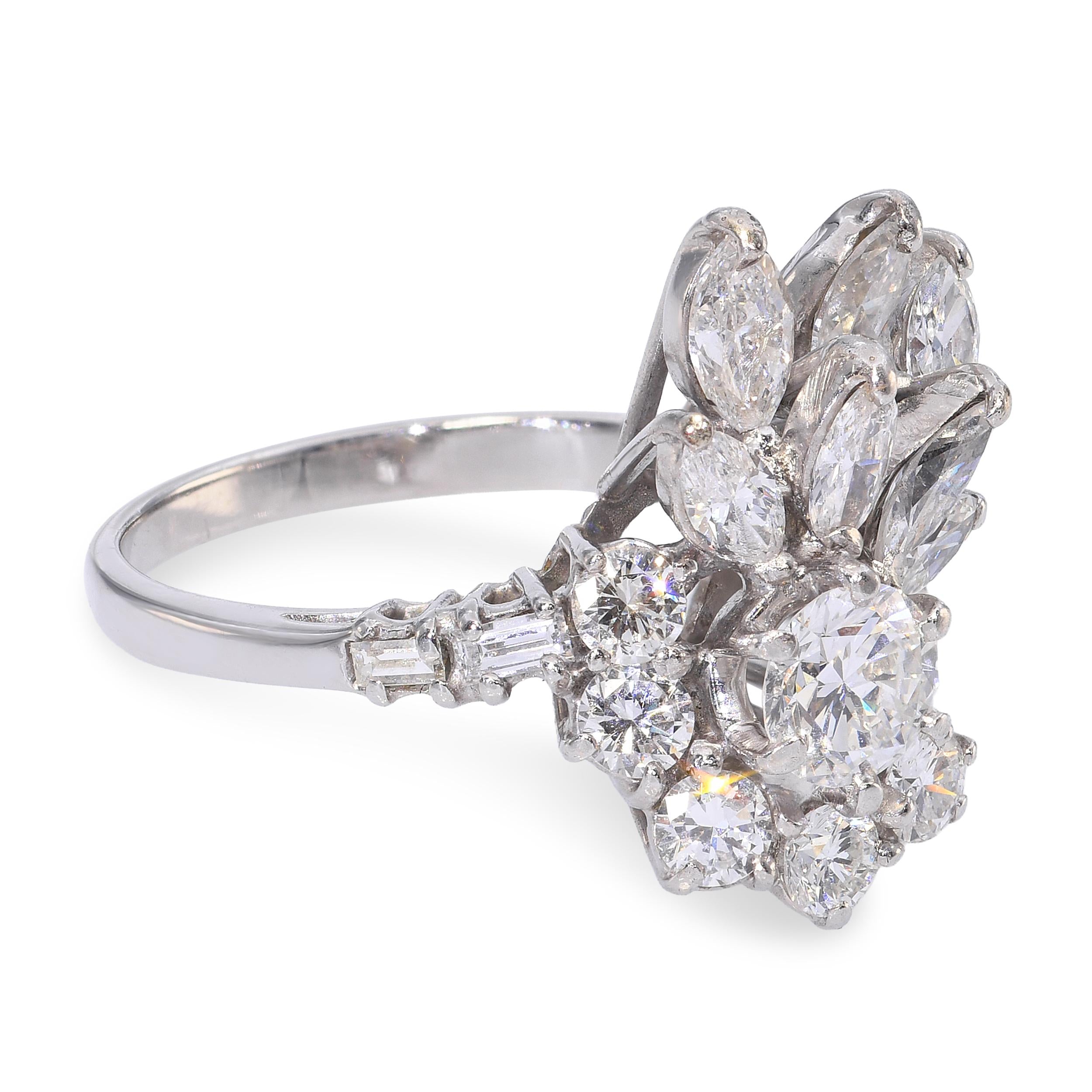 Vintage 18k White Gold 1.56tcw H Si1 Diamond Floral Cluster Ring