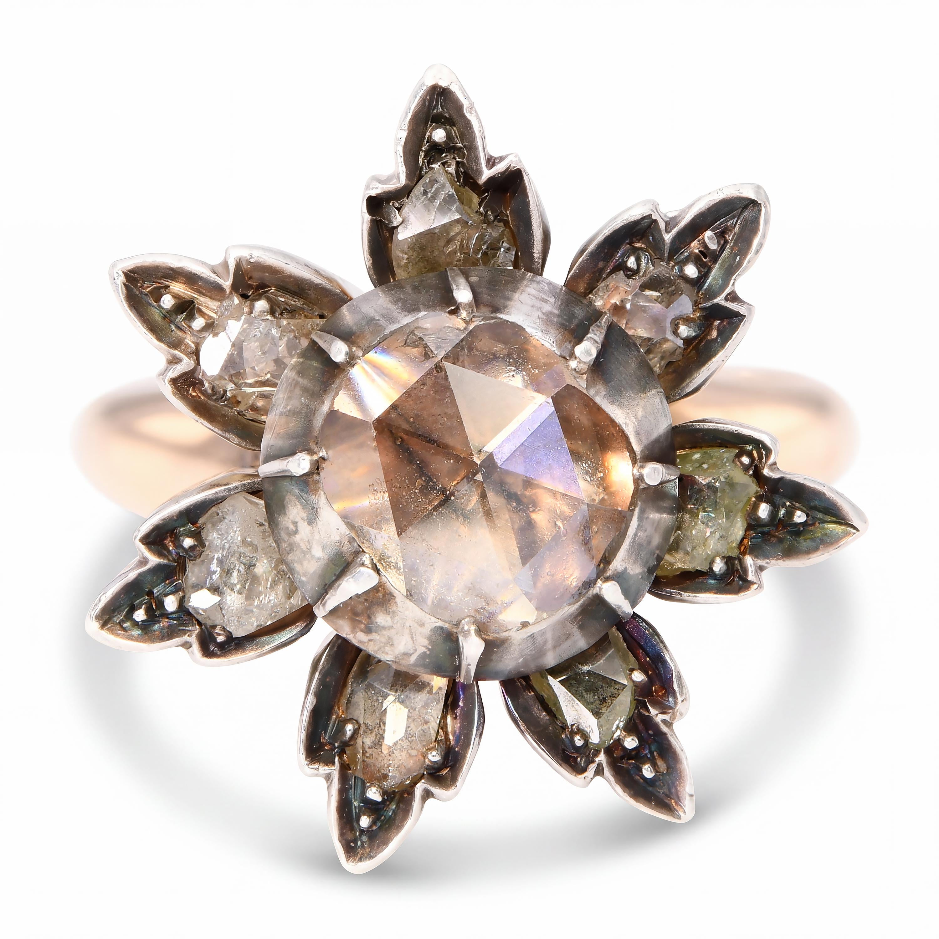 Antique Georgian Silver Topped Rose Gold Foil Back Rose Cut Diamond Flower Ring