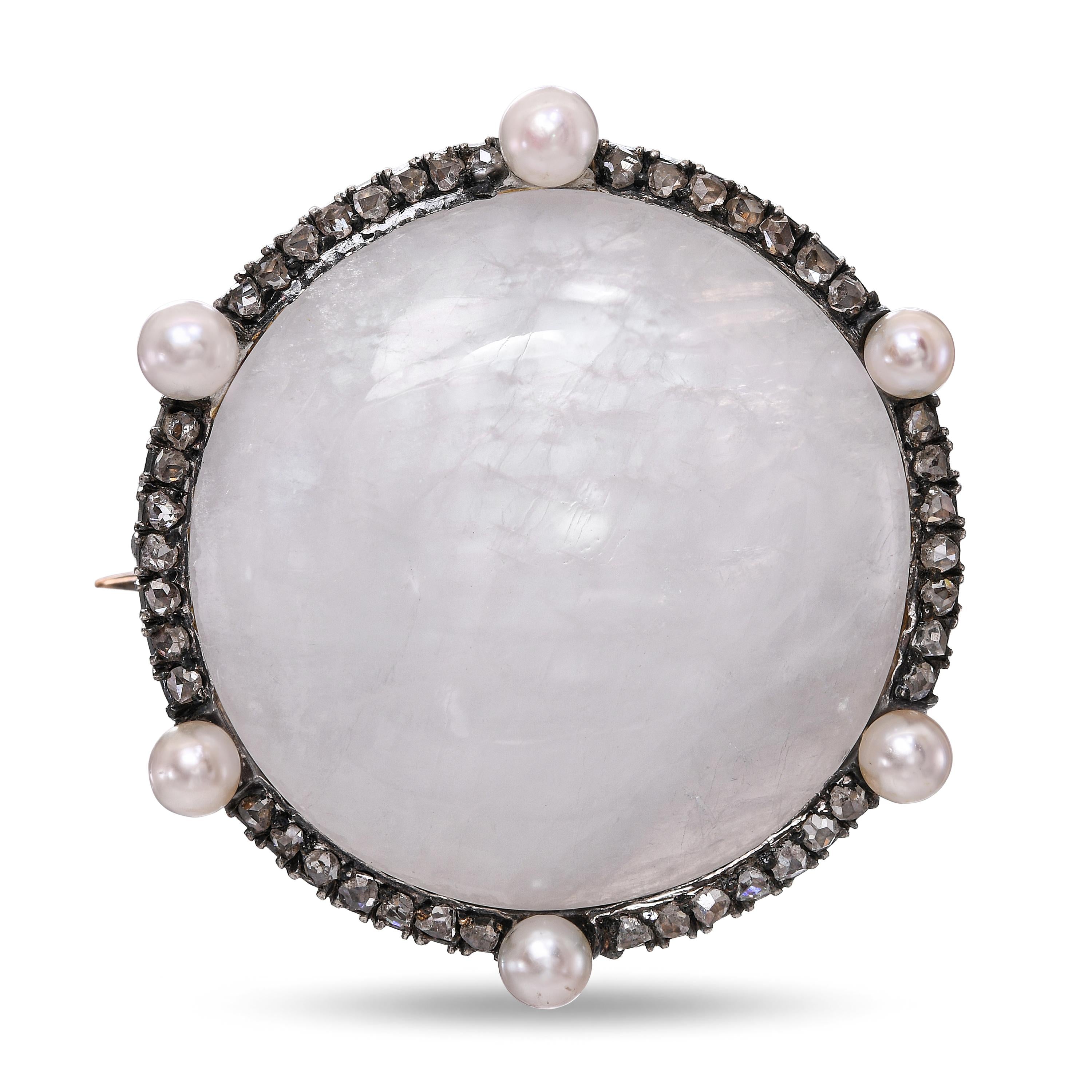Victorian 14k Gold and Silver Moonstone, Rose Cut Diamond, and Pearl Brooch