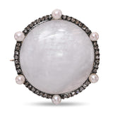 Victorian 14k Gold and Silver Moonstone, Rose Cut Diamond, and Pearl Brooch