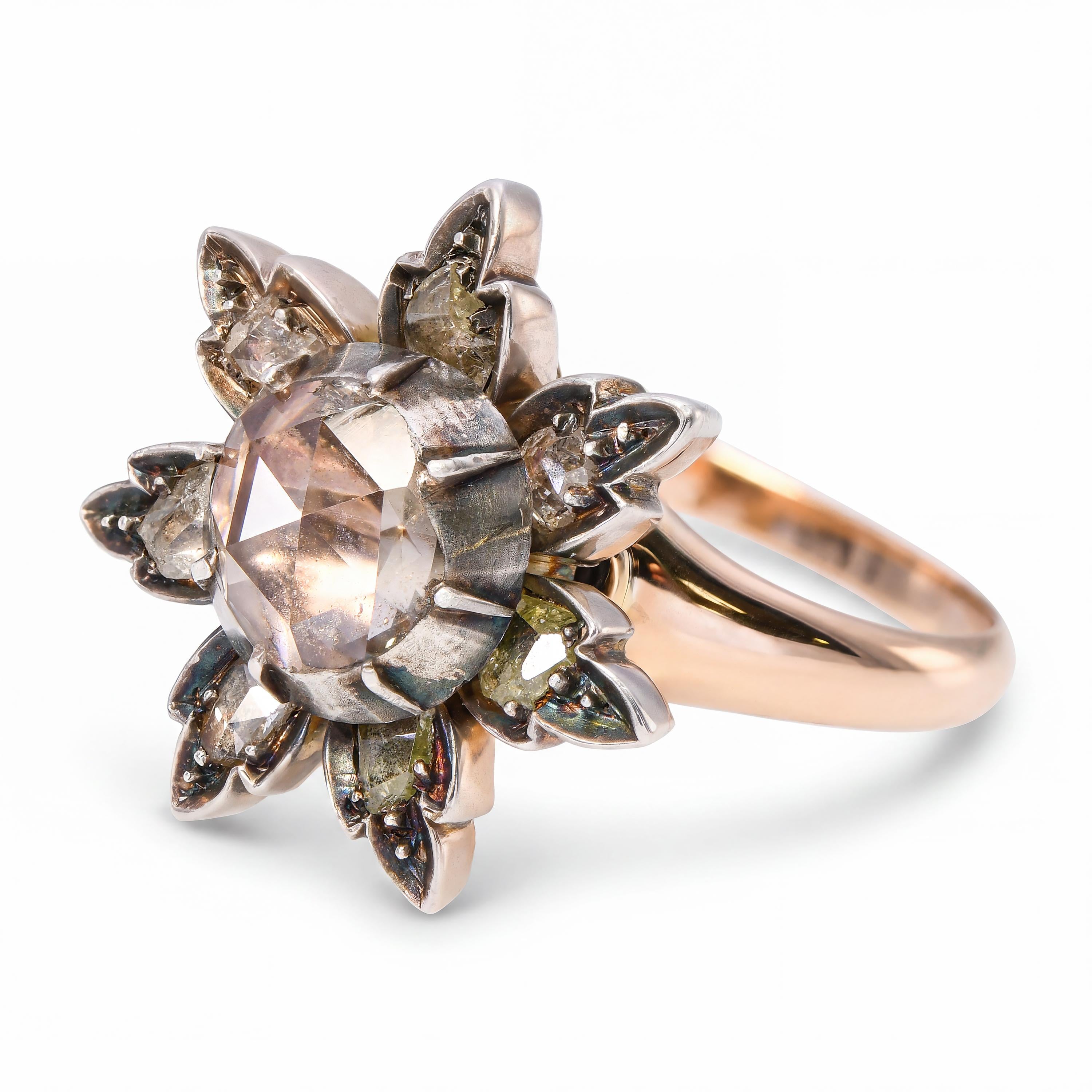 Antique Georgian Silver Topped Rose Gold Foil Back Rose Cut Diamond Flower Ring