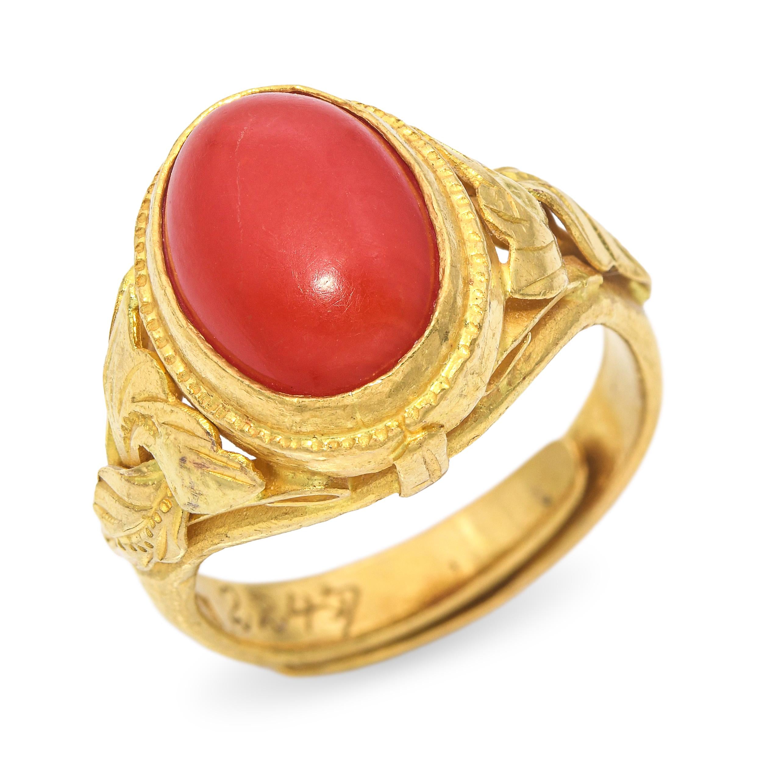 Antique 24k Yellow Gold Asian Oxblood Coral Ring