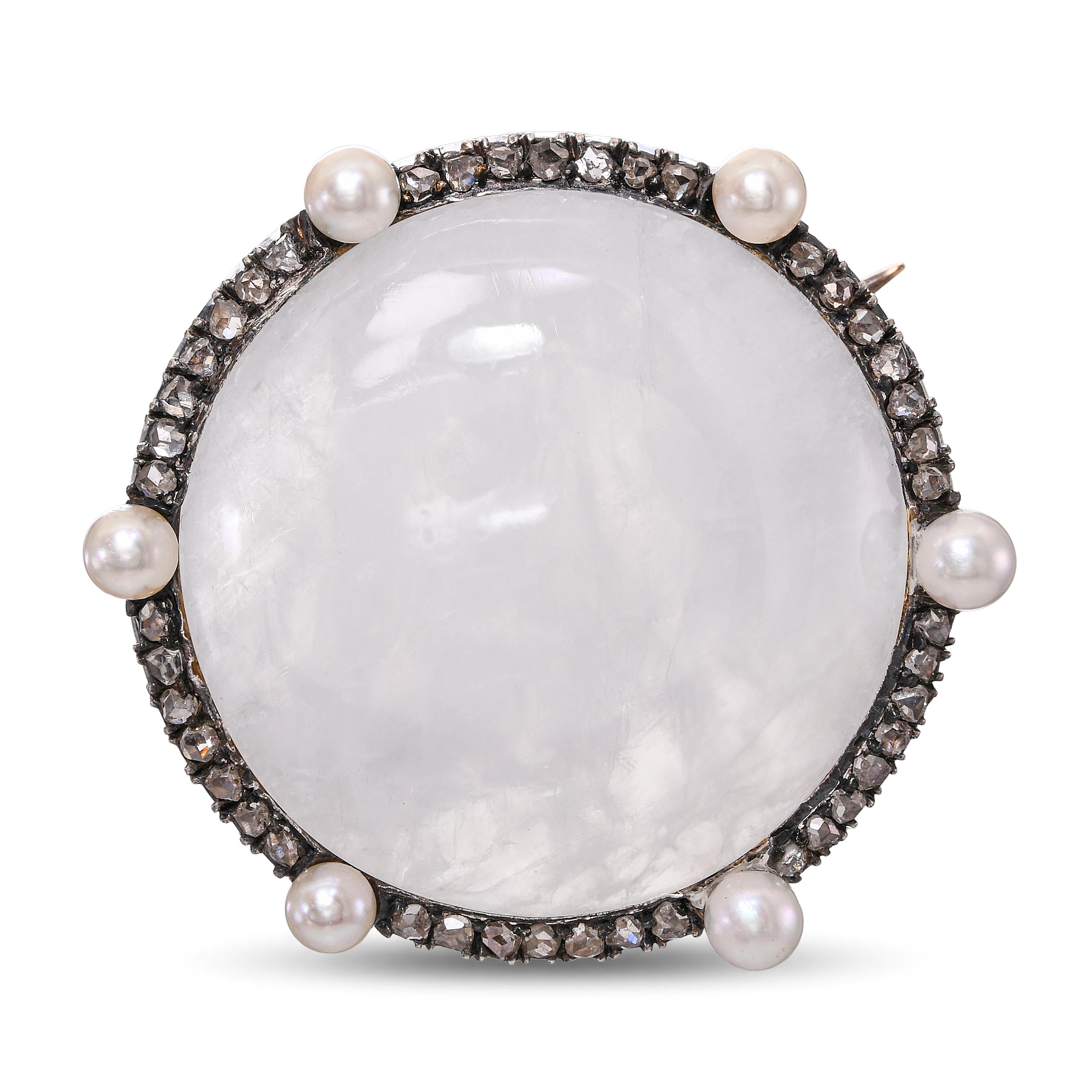 Victorian 14k Gold and Silver Moonstone, Rose Cut Diamond, and Pearl Brooch