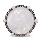 Victorian 14k Gold and Silver Moonstone, Rose Cut Diamond, and Pearl Brooch