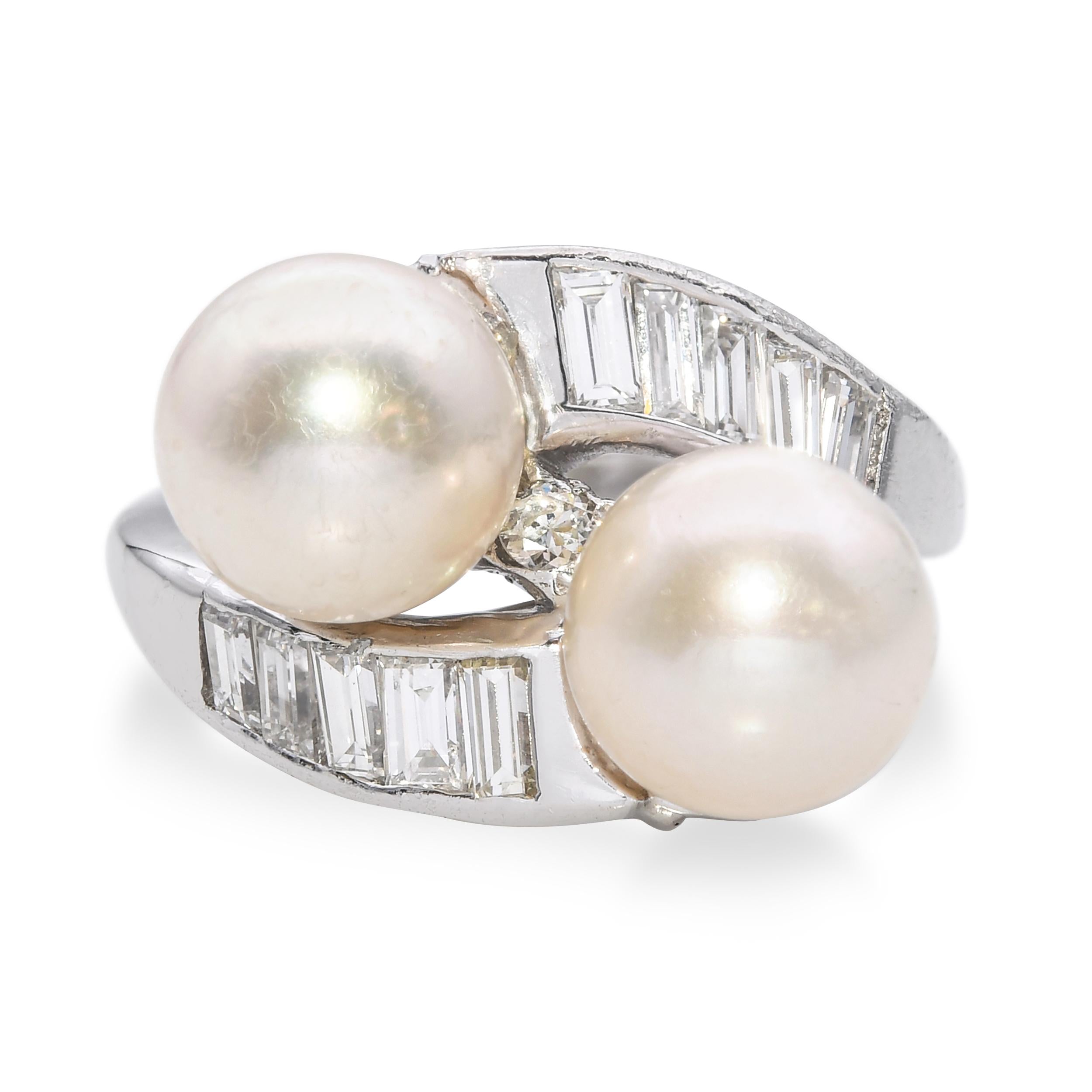 Vintage Platinum Pearl and Diamond Bypass Ring