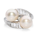 Vintage Platinum Pearl and Diamond Bypass Ring