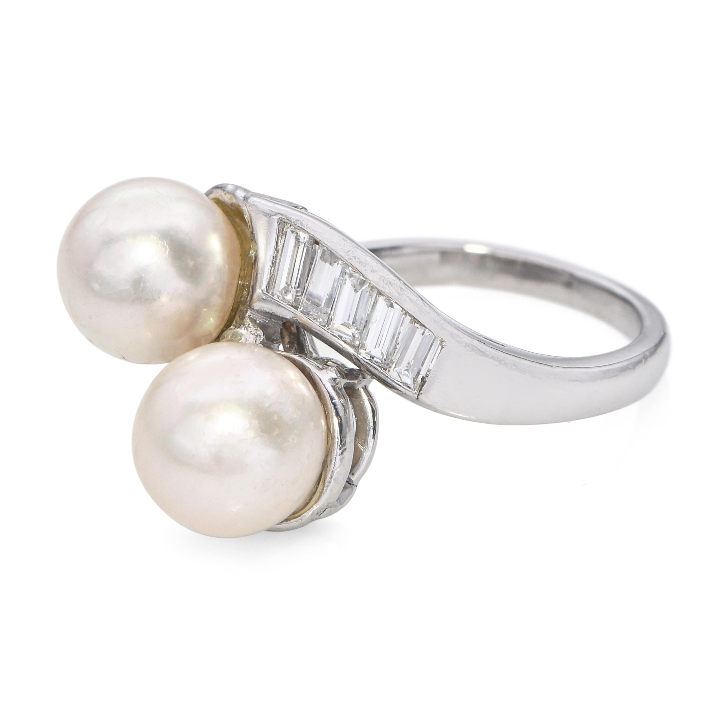 Vintage Platinum Pearl and Diamond Bypass Ring