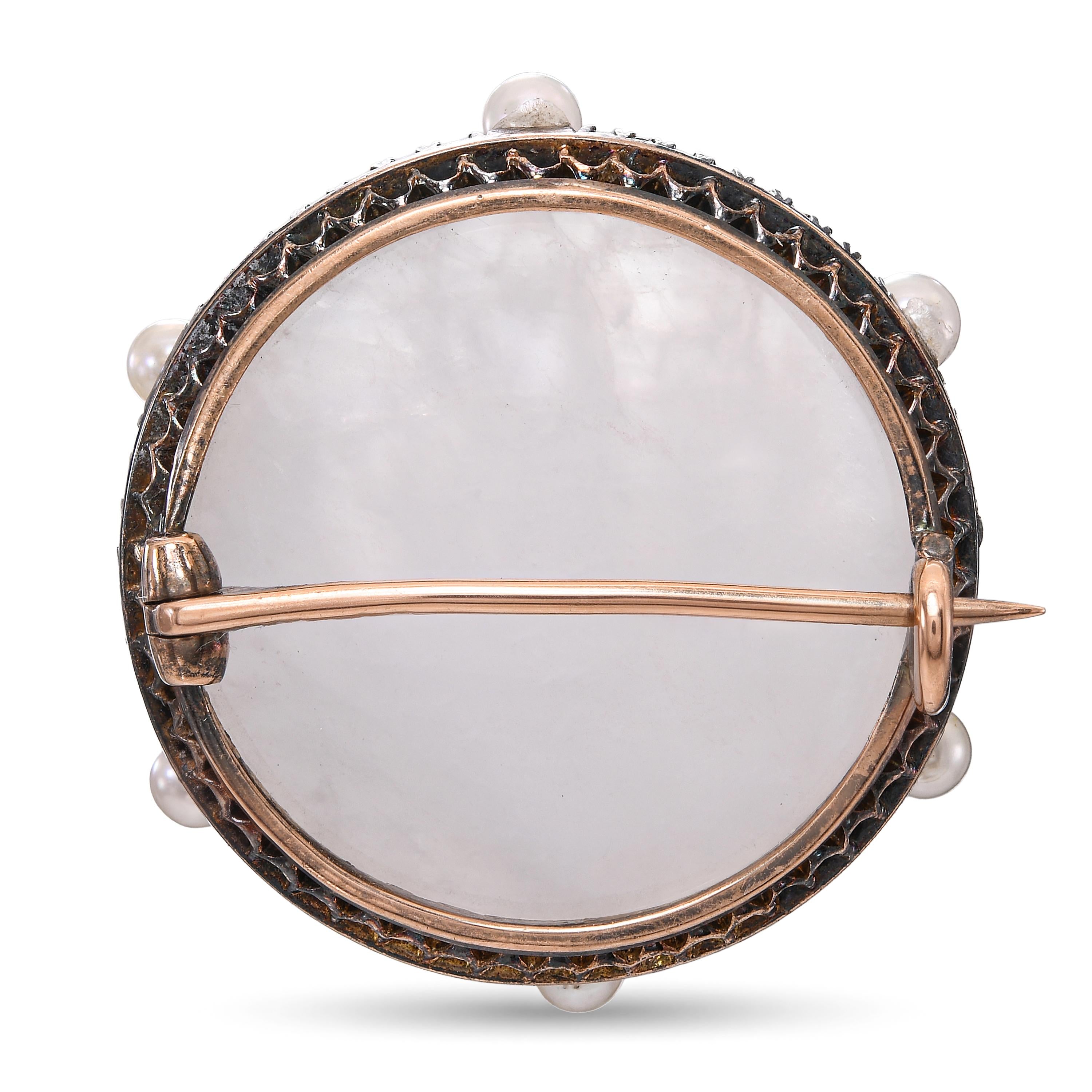 Victorian 14k Gold and Silver Moonstone, Rose Cut Diamond, and Pearl Brooch