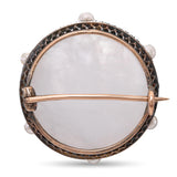 Victorian 14k Gold and Silver Moonstone, Rose Cut Diamond, and Pearl Brooch