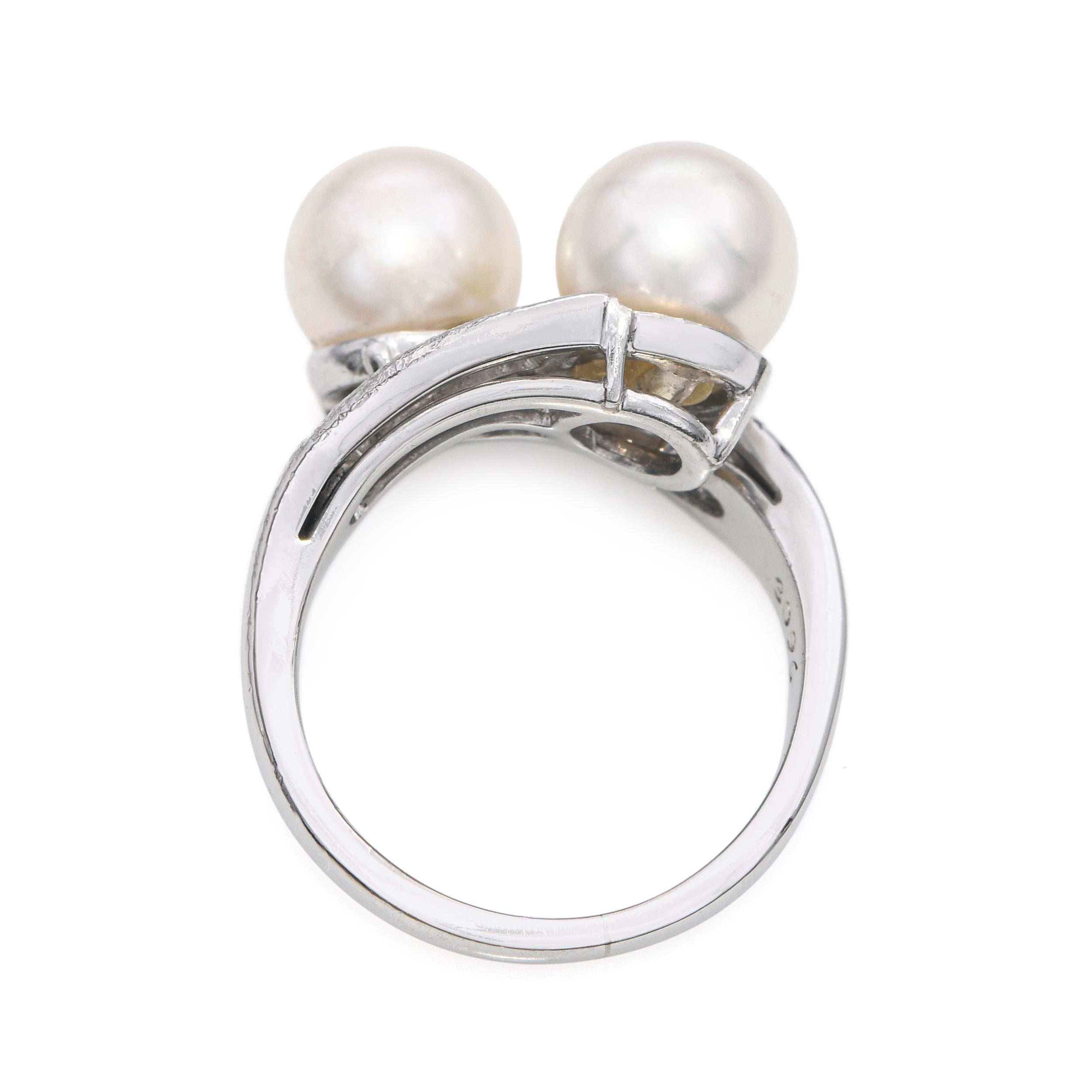 Vintage Platinum Pearl and Diamond Bypass Ring