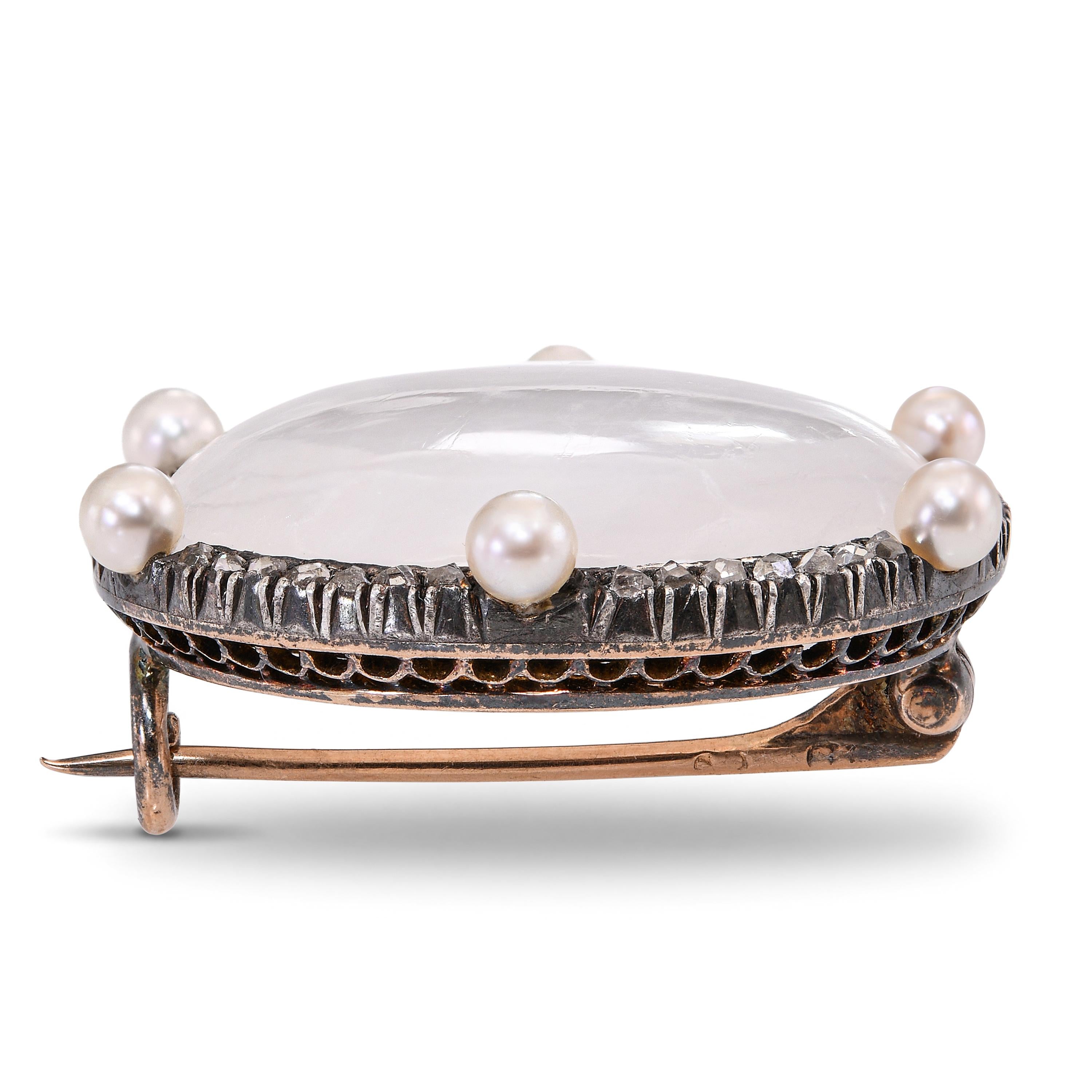 Victorian 14k Gold and Silver Moonstone, Rose Cut Diamond, and Pearl Brooch