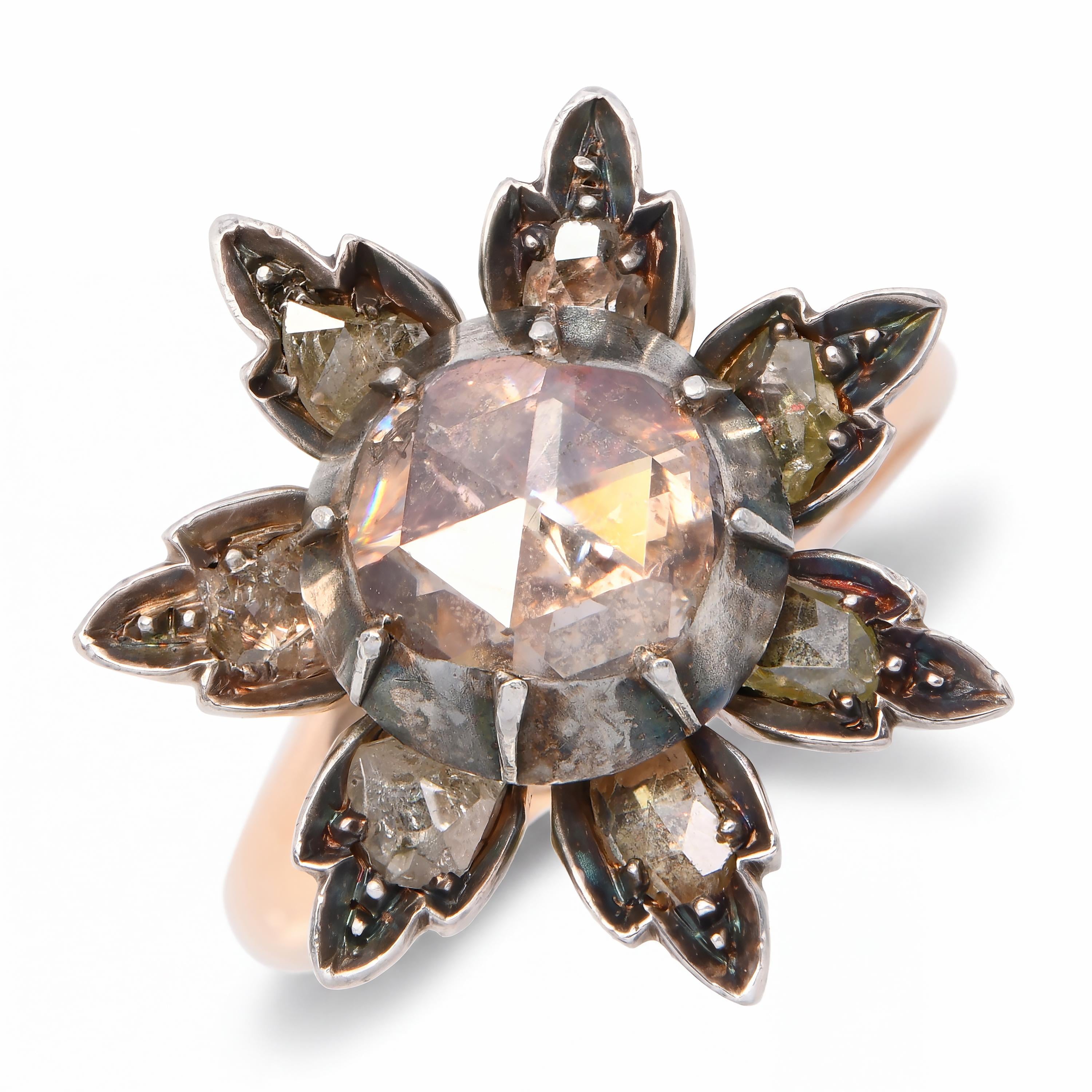 Antique Georgian Silver Topped Rose Gold Foil Back Rose Cut Diamond Flower Ring