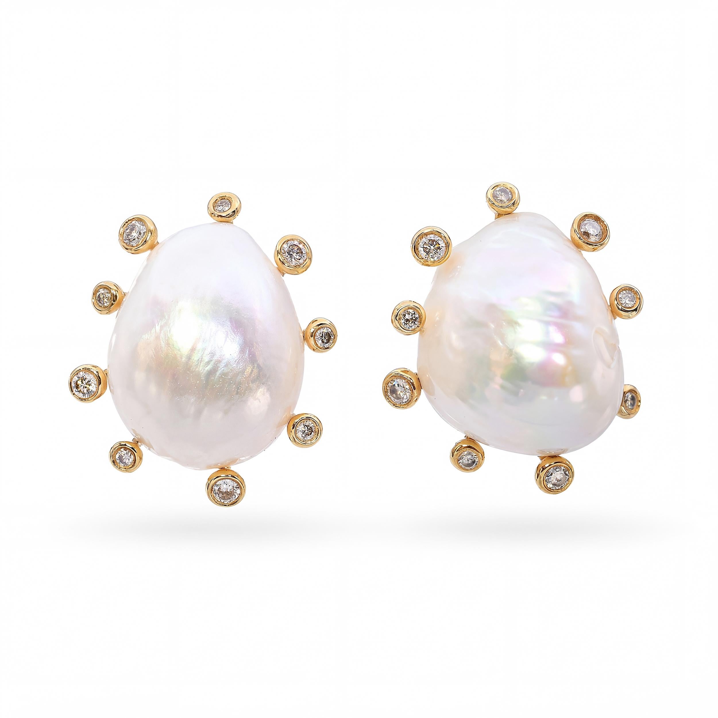 18k Yellow Gold Baroque Pearl and Diamond Stud Earrings
