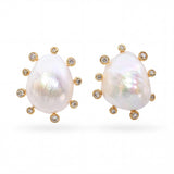 18k Yellow Gold Baroque Pearl and Diamond Stud Earrings