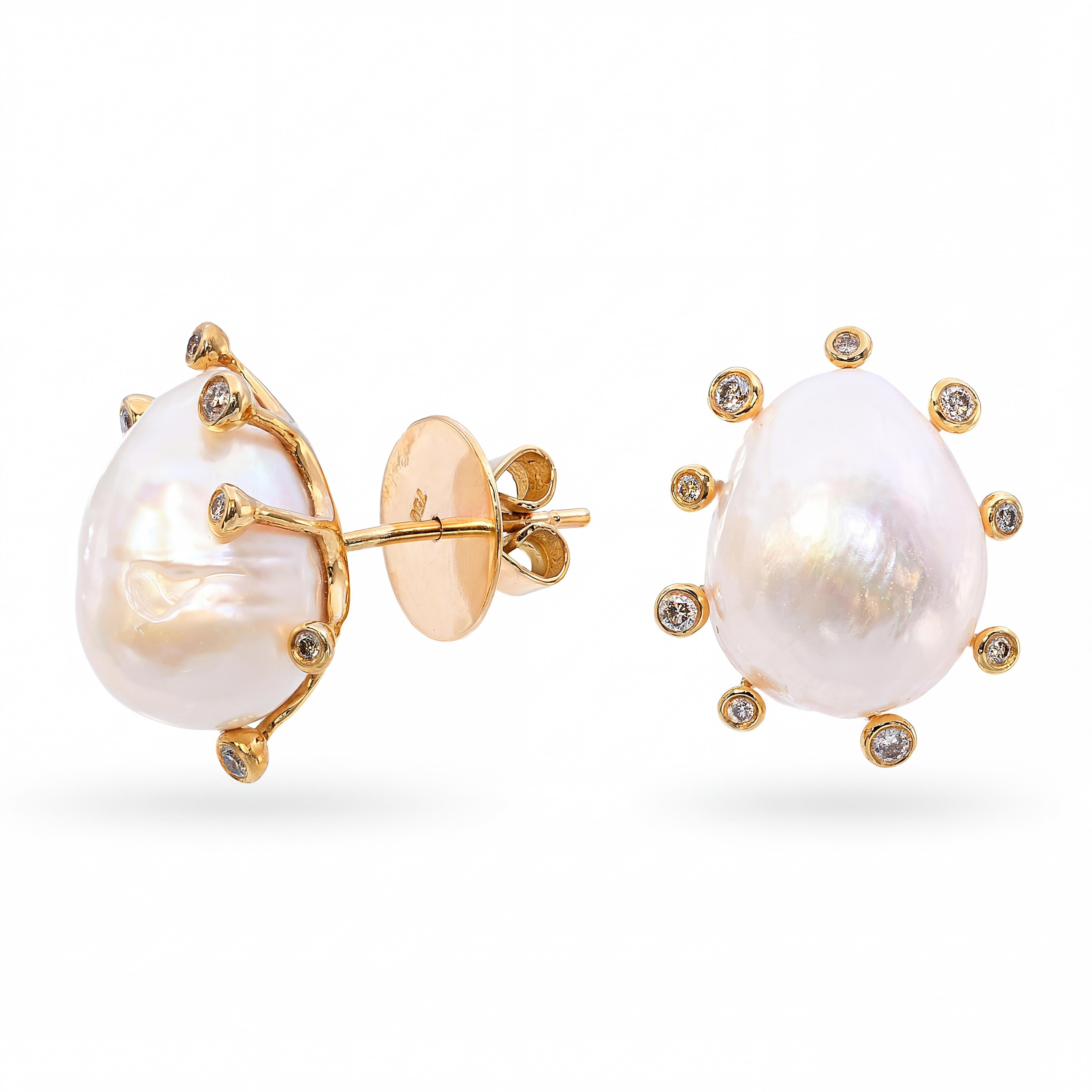 18k Yellow Gold Baroque Pearl and Diamond Stud Earrings