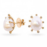 18k Yellow Gold Baroque Pearl and Diamond Stud Earrings