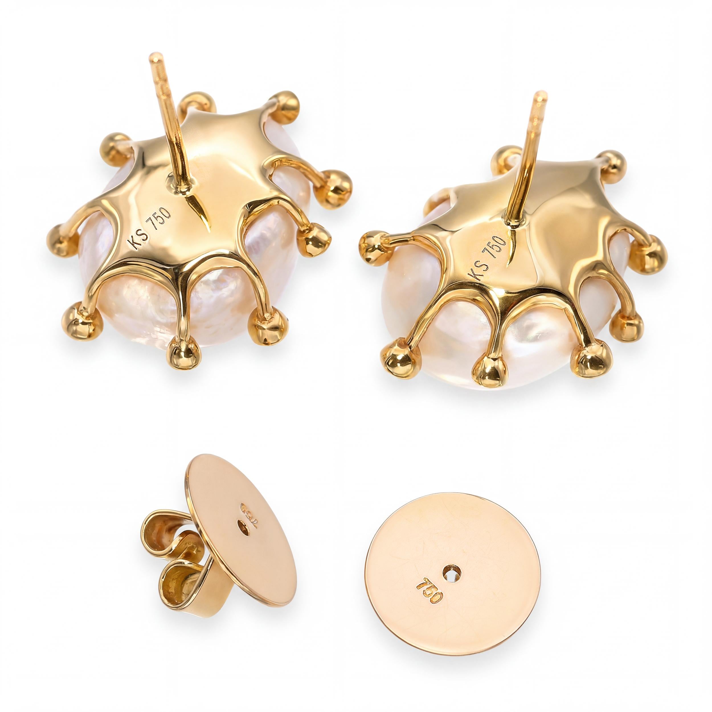 18k Yellow Gold Baroque Pearl and Diamond Stud Earrings