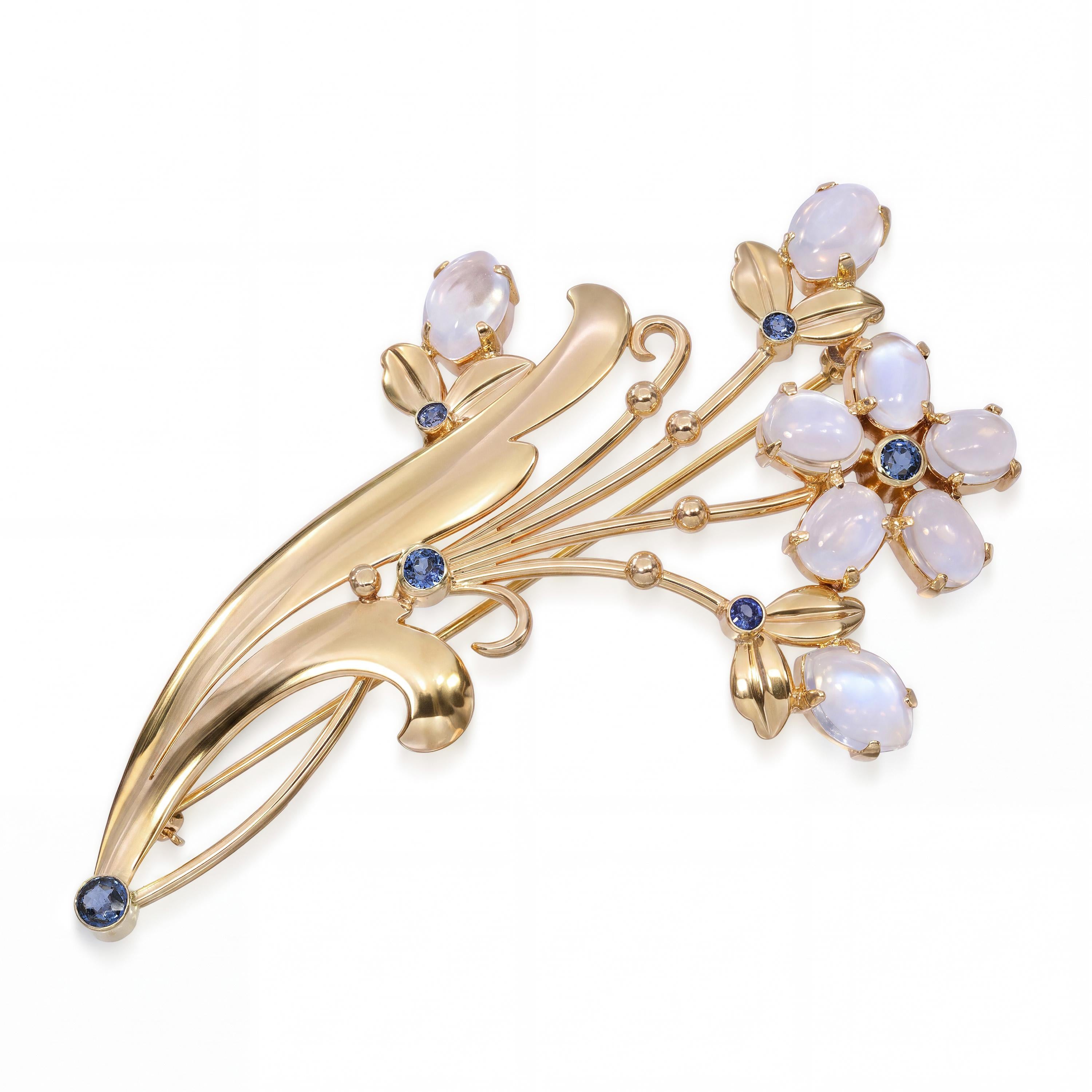 Vintage Tiffany & Co. 14k Yellow Gold Moonstone & Sapphire Floral Bouquet Brooch