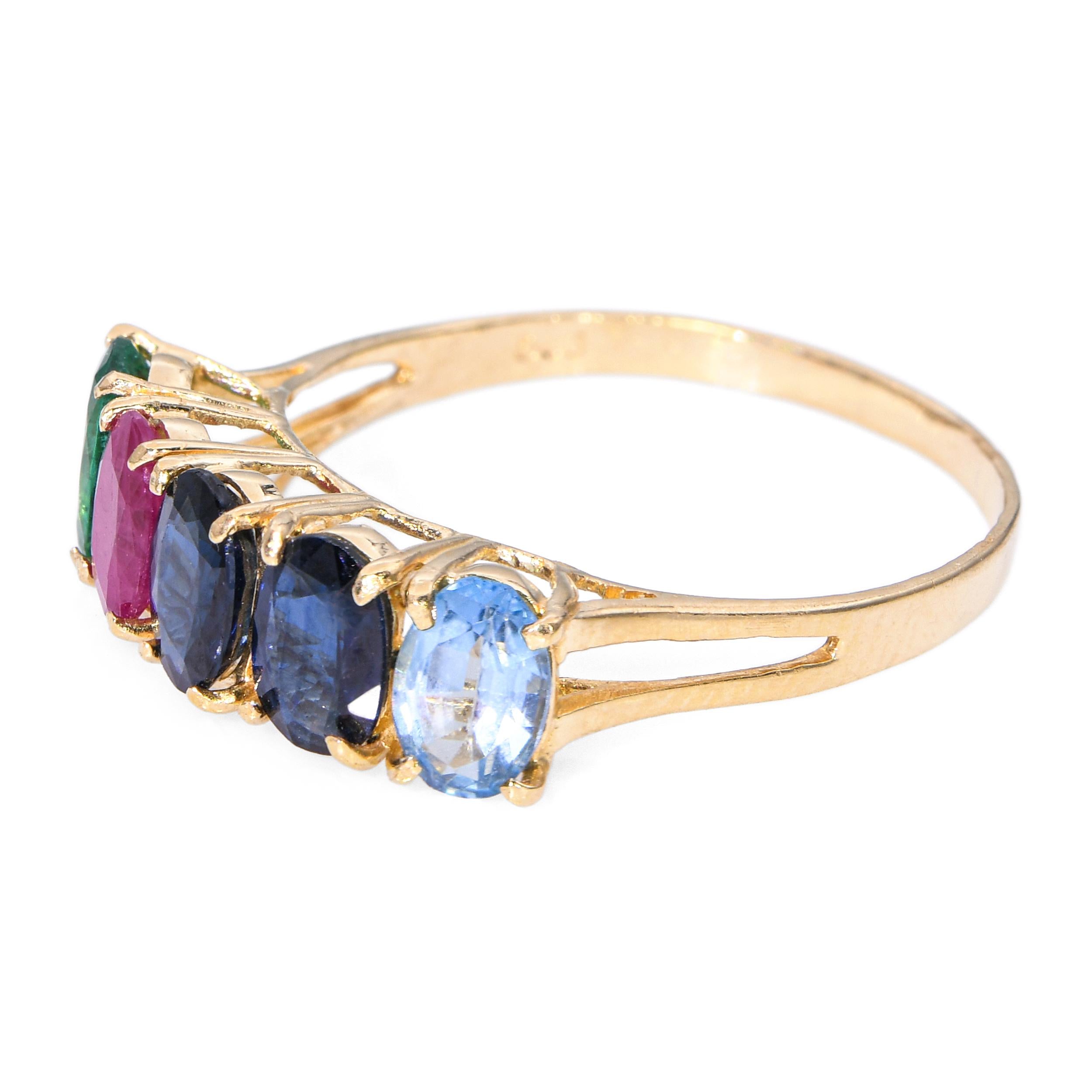 Vintage 14k Yellow Gold 2.0tcw Emerald Ruby Sapphire and Topaz Five Stone Ring