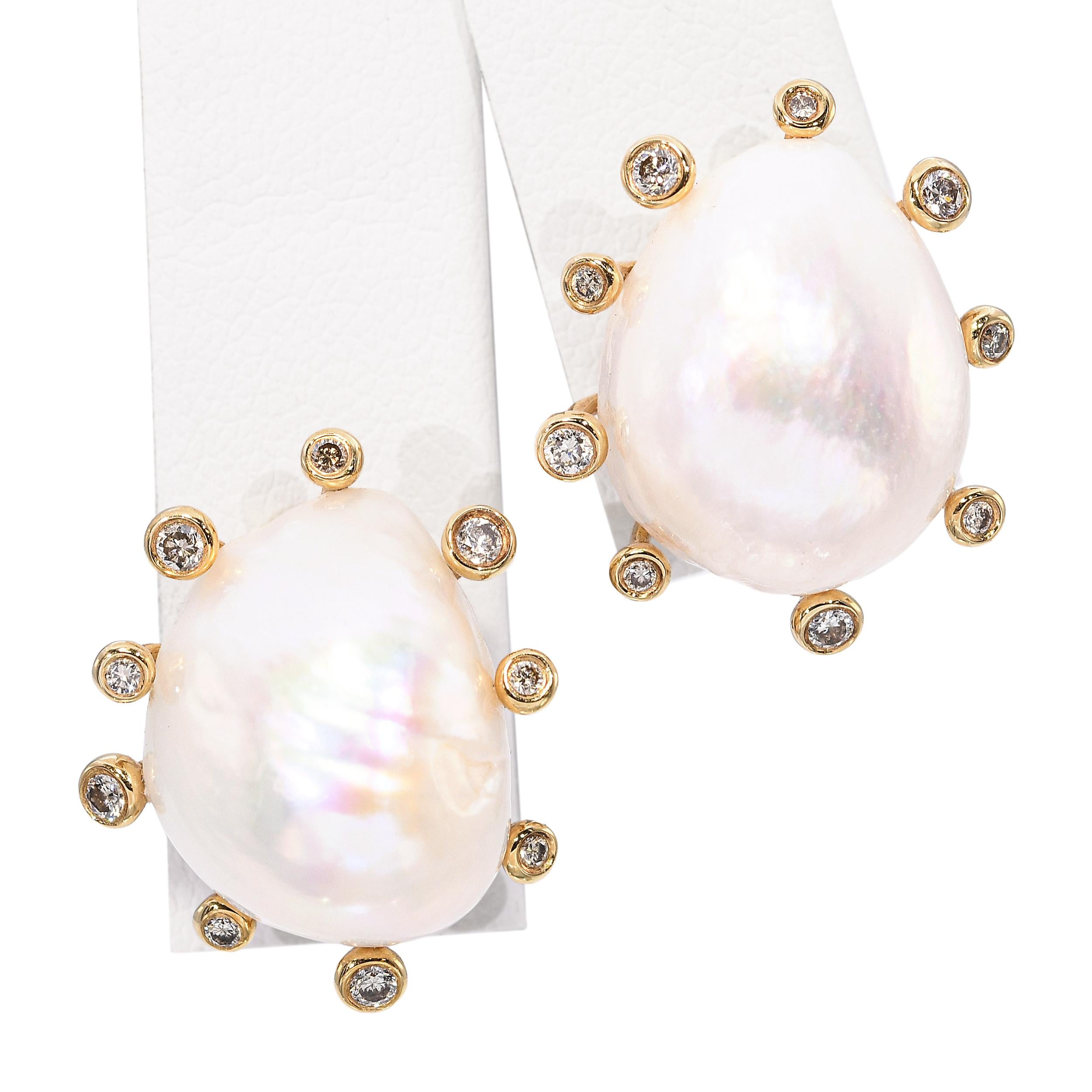 18k Yellow Gold Baroque Pearl and Diamond Stud Earrings