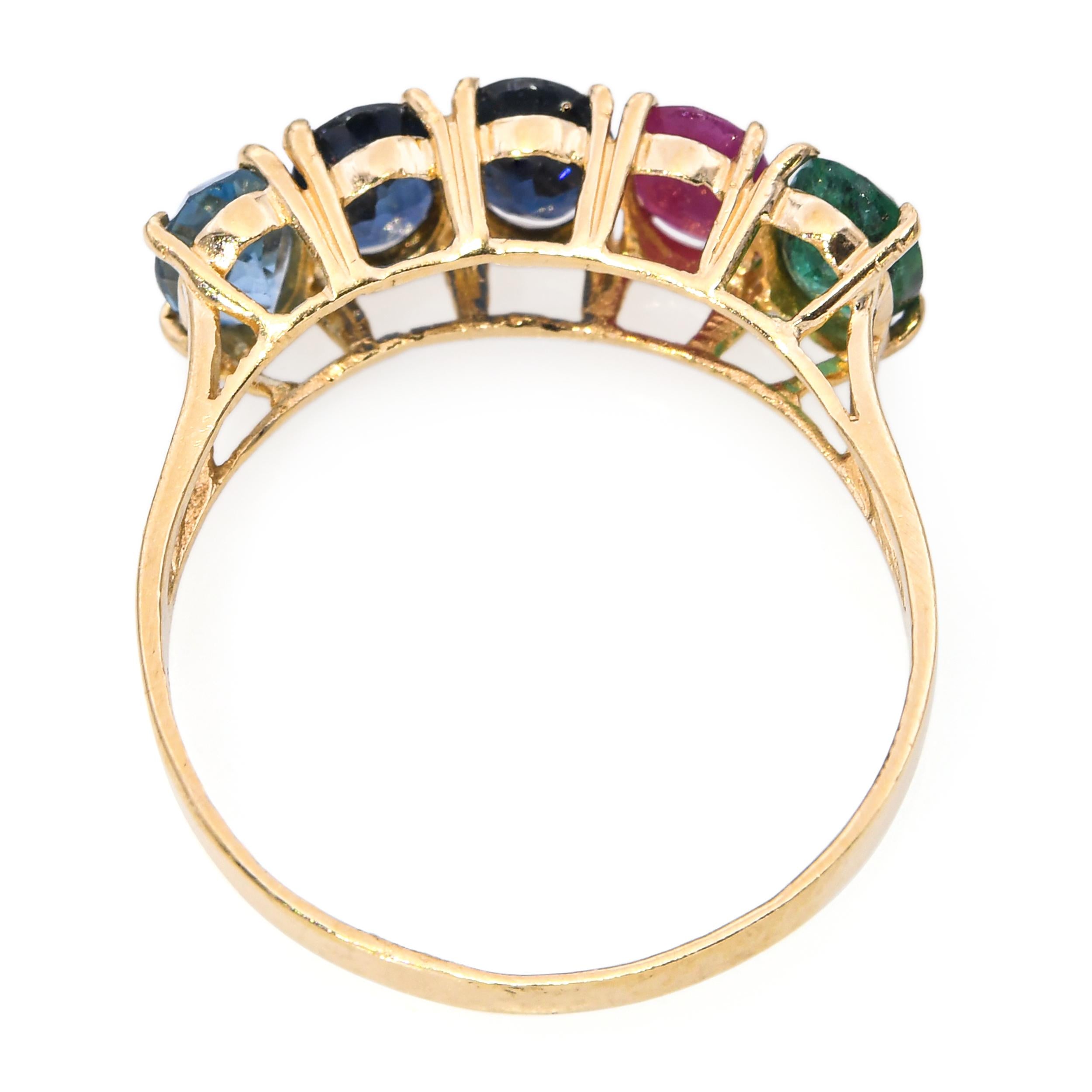Vintage 14k Yellow Gold 2.0tcw Emerald Ruby Sapphire and Topaz Five Stone Ring