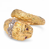 Vintage 18k Yellow Gold Greek Lion with Ruby Eyes and Diamond Collar Ring