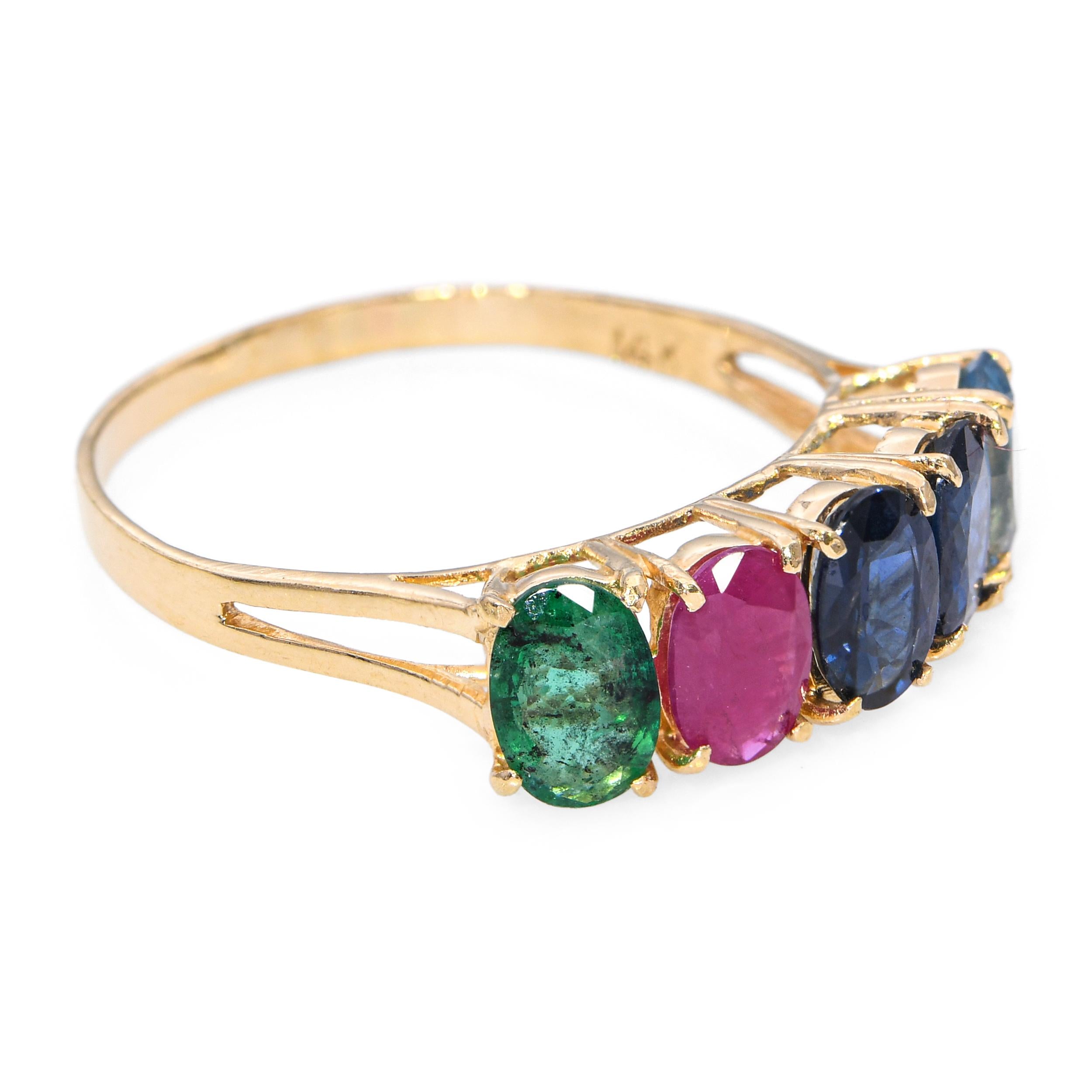 Vintage 14k Yellow Gold 2.0tcw Emerald Ruby Sapphire and Topaz Five Stone Ring