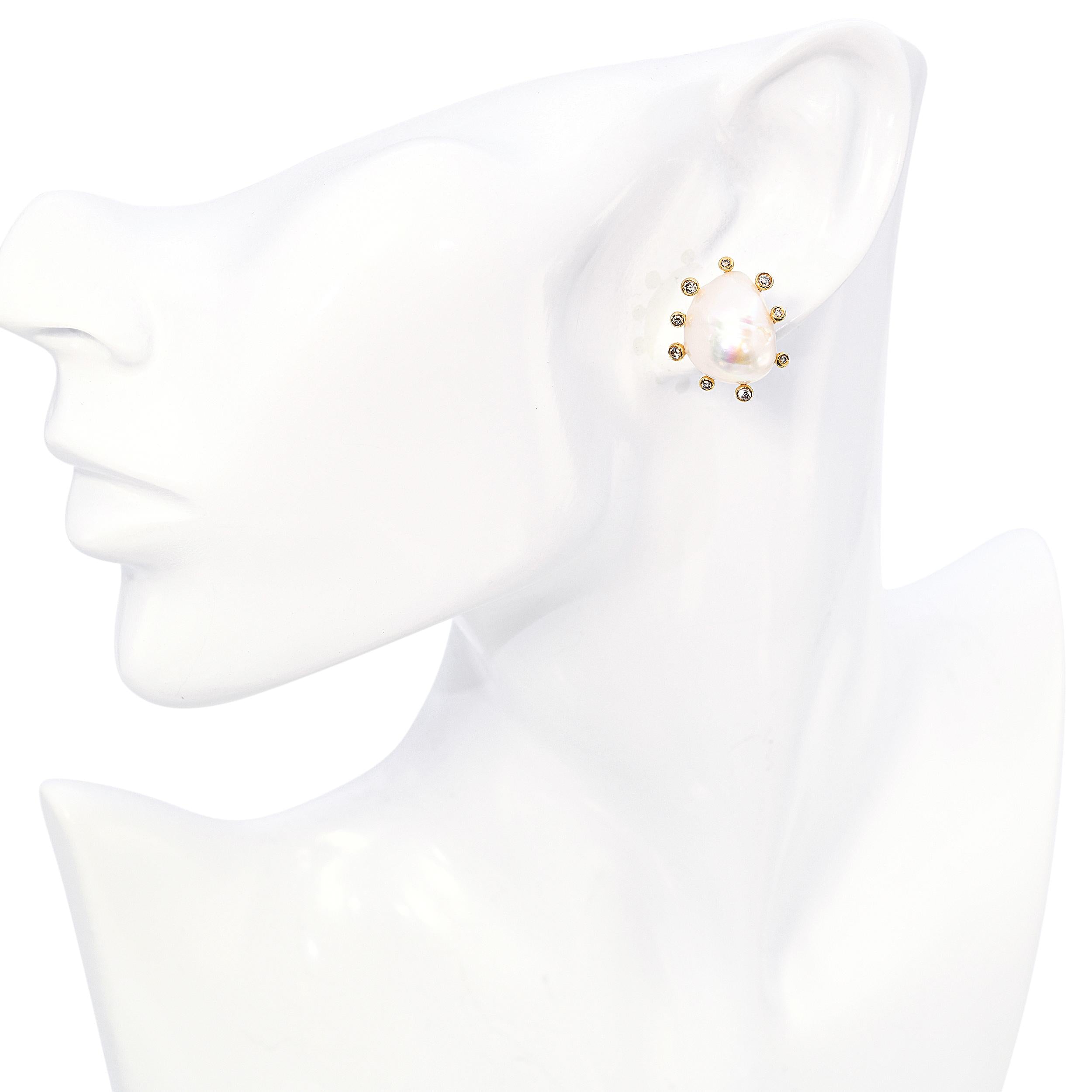 18k Yellow Gold Baroque Pearl and Diamond Stud Earrings