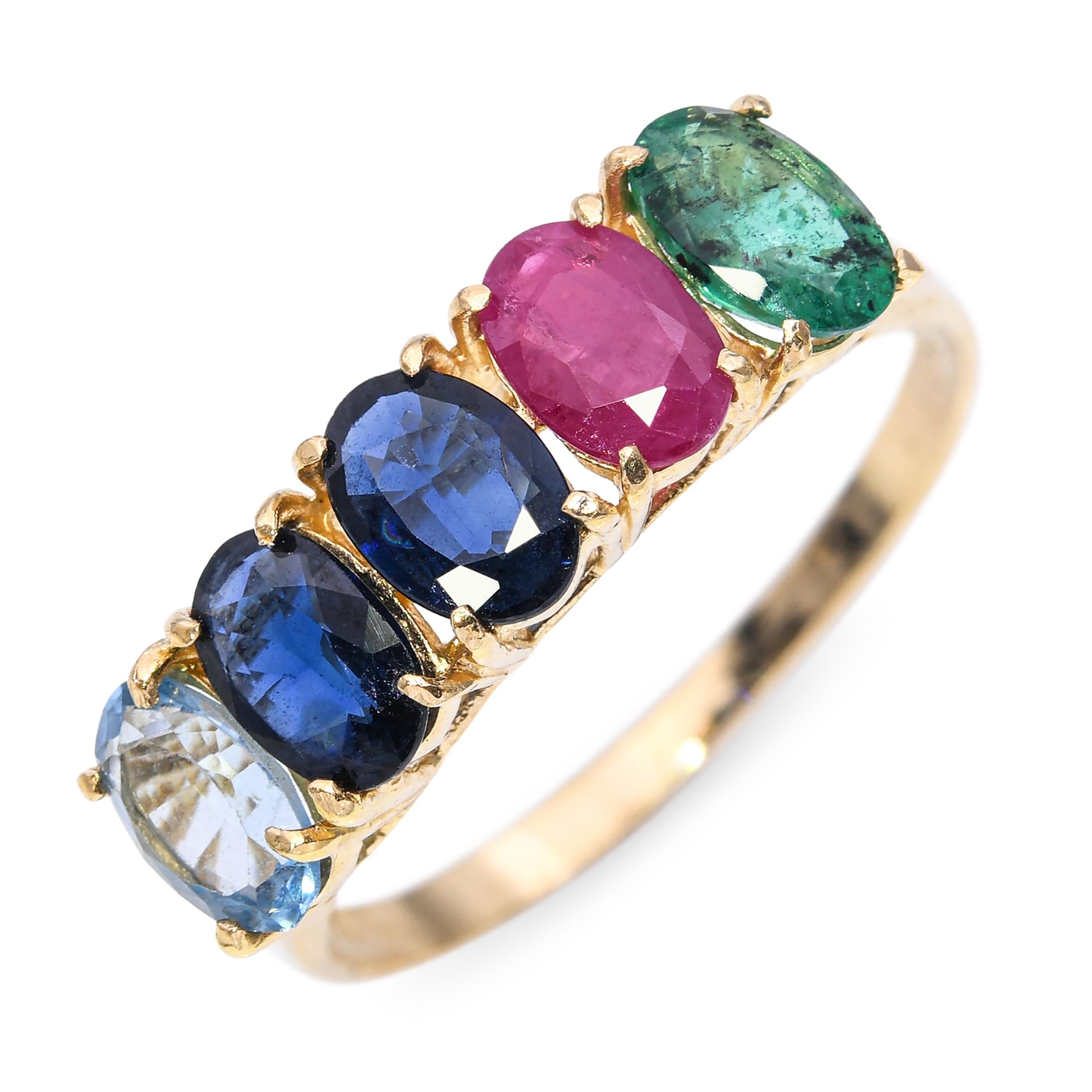 Vintage 14k Yellow Gold 2.0tcw Emerald Ruby Sapphire and Topaz Five Stone Ring