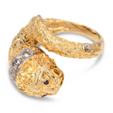 Vintage 18k Yellow Gold Greek Lion with Ruby Eyes and Diamond Collar Ring