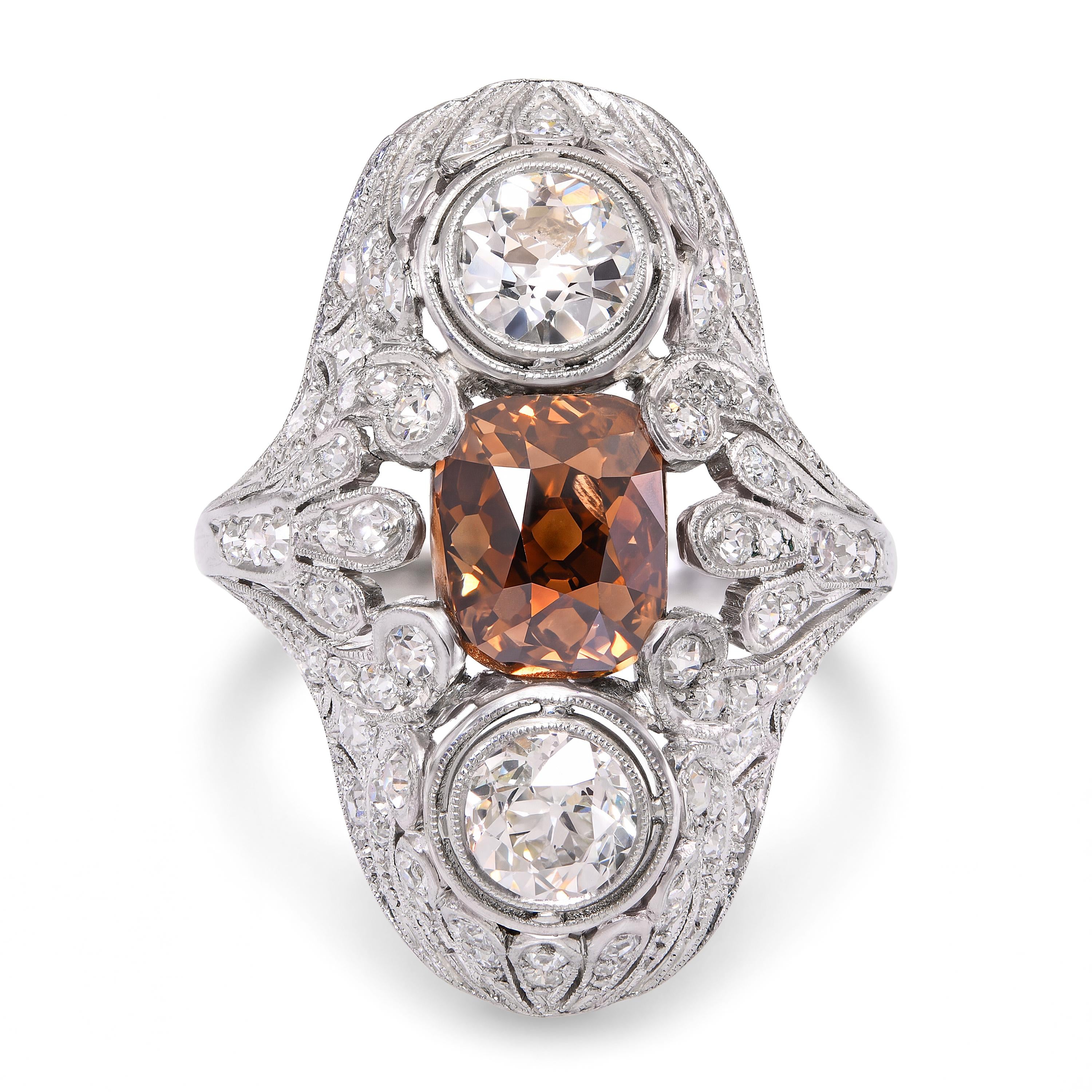 Antique Edwardian Platinum GIA 2.55ct Cognac OMC Diamond & OEC Diamond Ring
