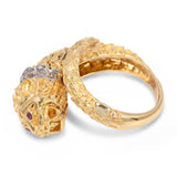 Vintage 18k Yellow Gold Greek Lion with Ruby Eyes and Diamond Collar Ring