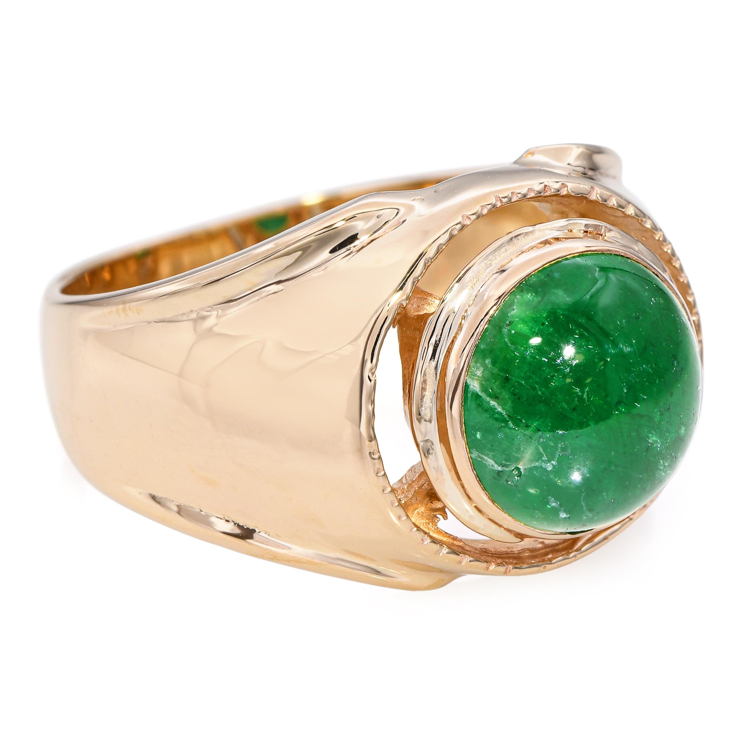 Vintage 14k Yellow Gold 3.54ct Emerald Cabochon Ring