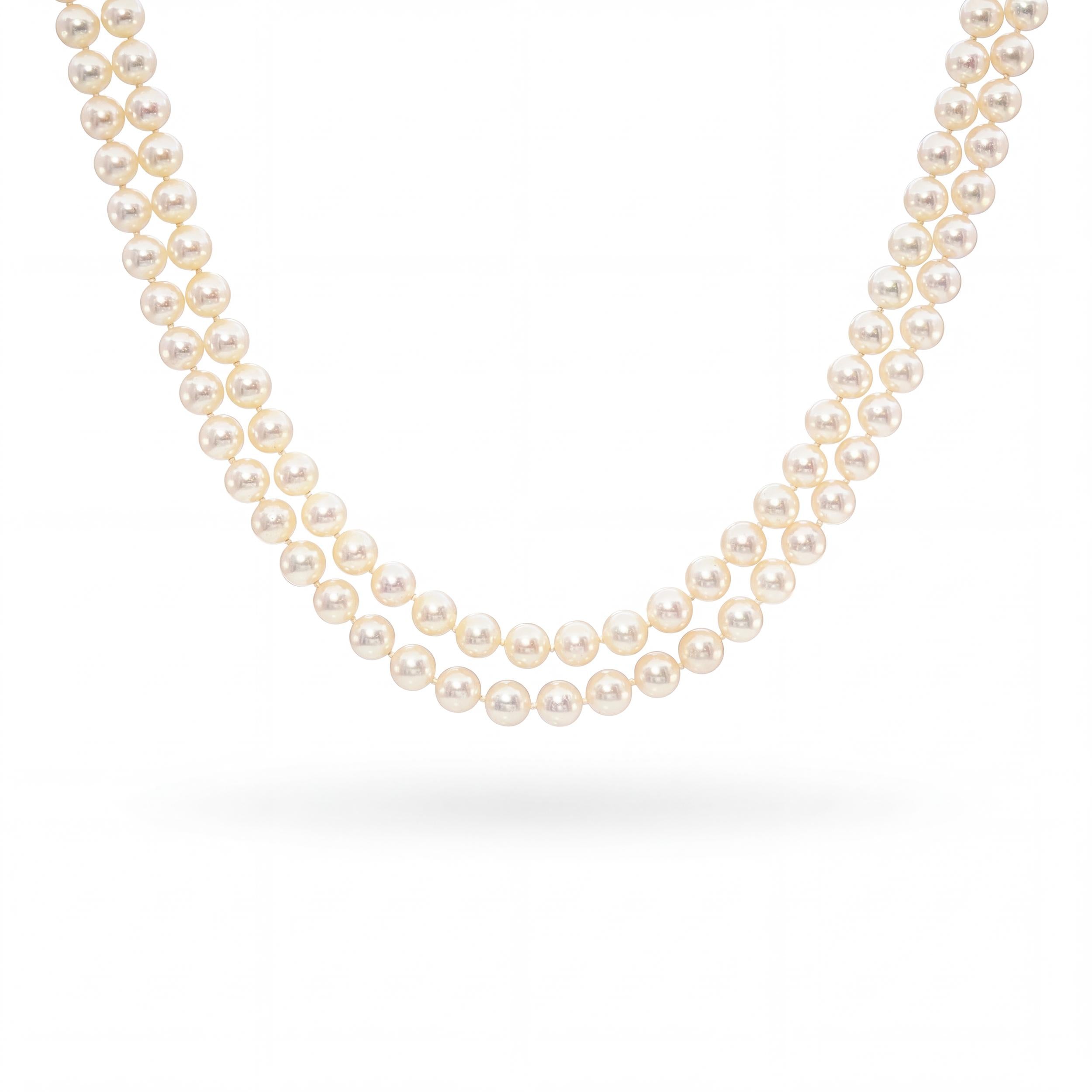 Vintage 18k Yellow Gold Diamond Clasp 8mm Pearl Double Strand Necklace
