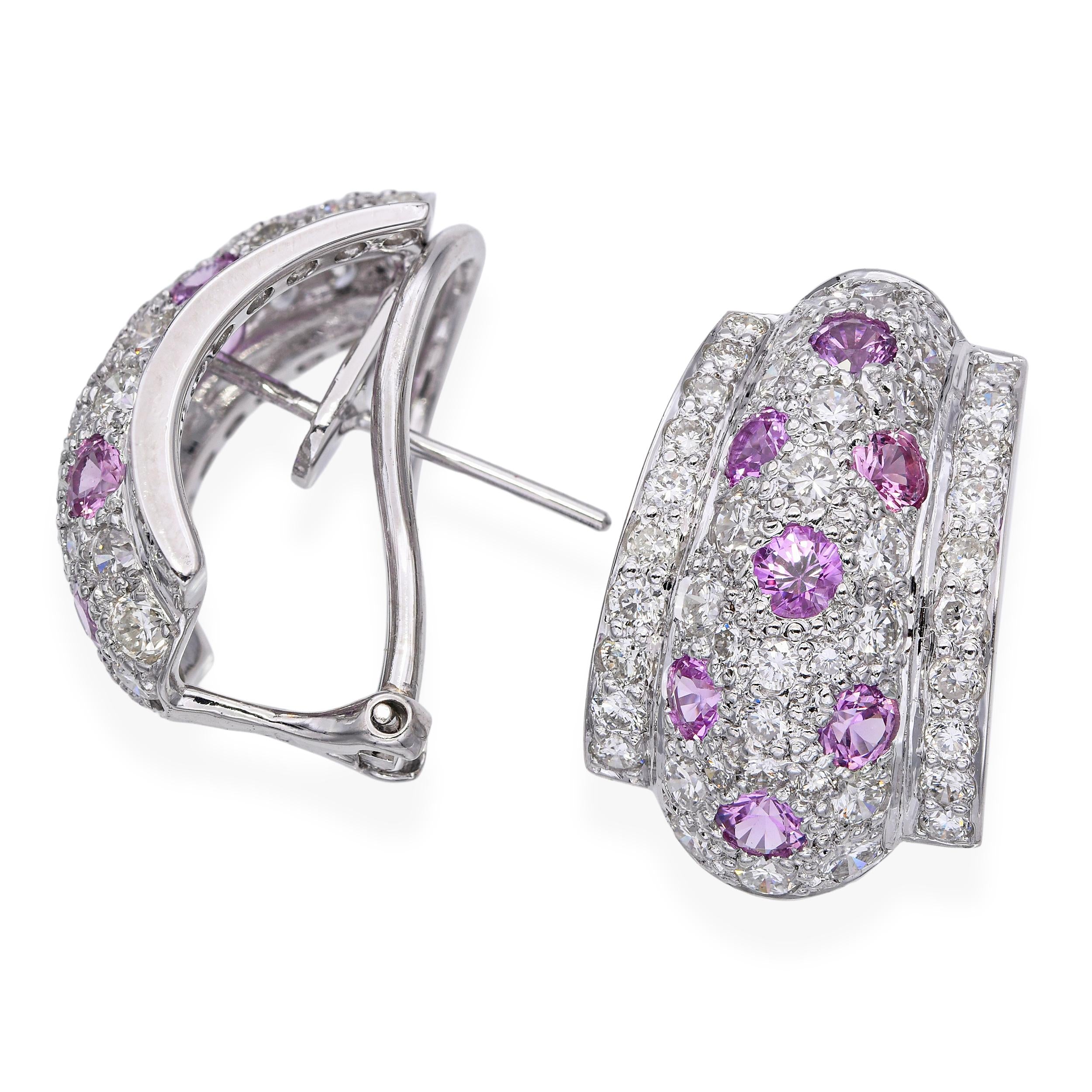 18k White Gold Pink 0.84ct Sapphire and 1.35tcw Diamond Back Earrings