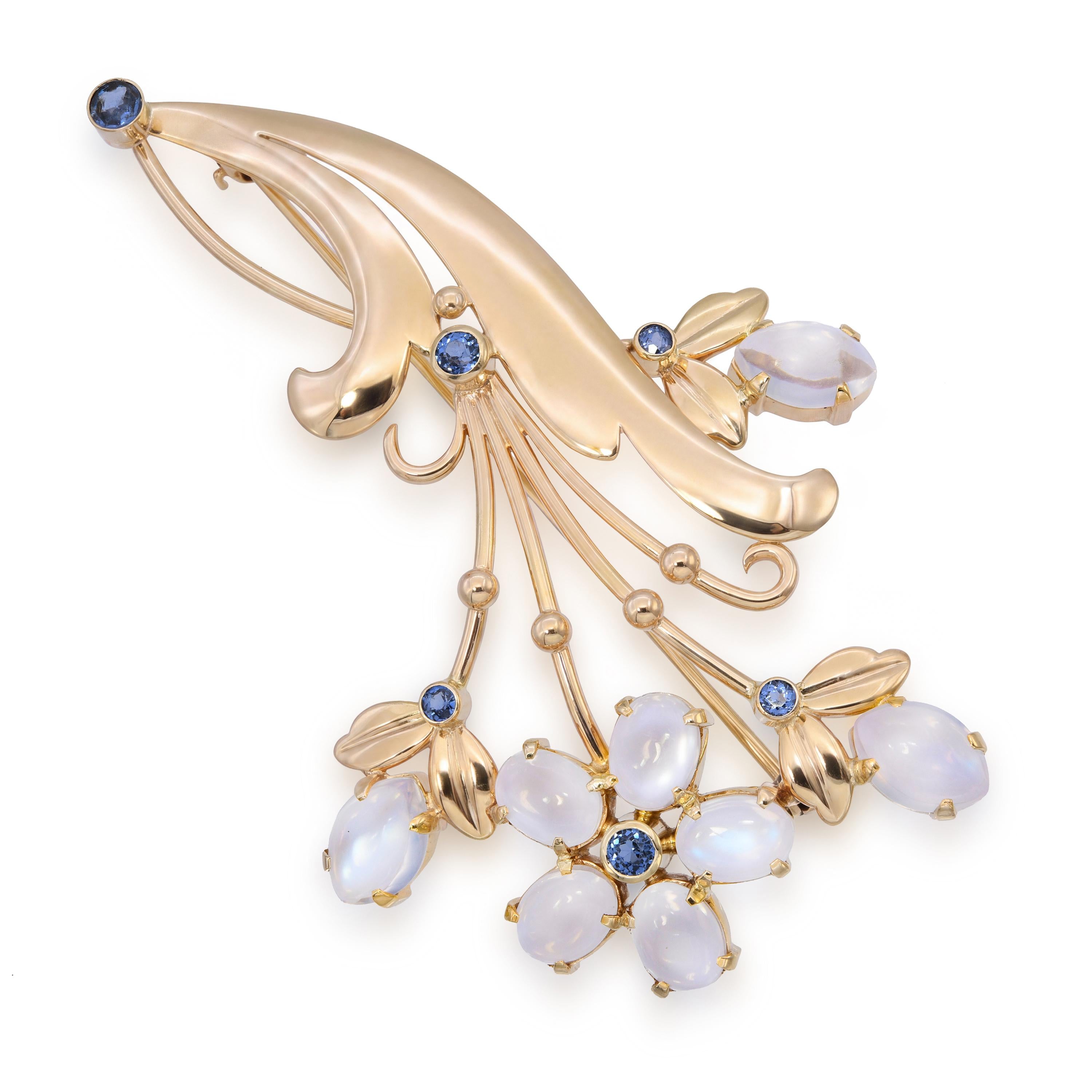 Vintage Tiffany & Co. 14k Yellow Gold Moonstone & Sapphire Floral Bouquet Brooch