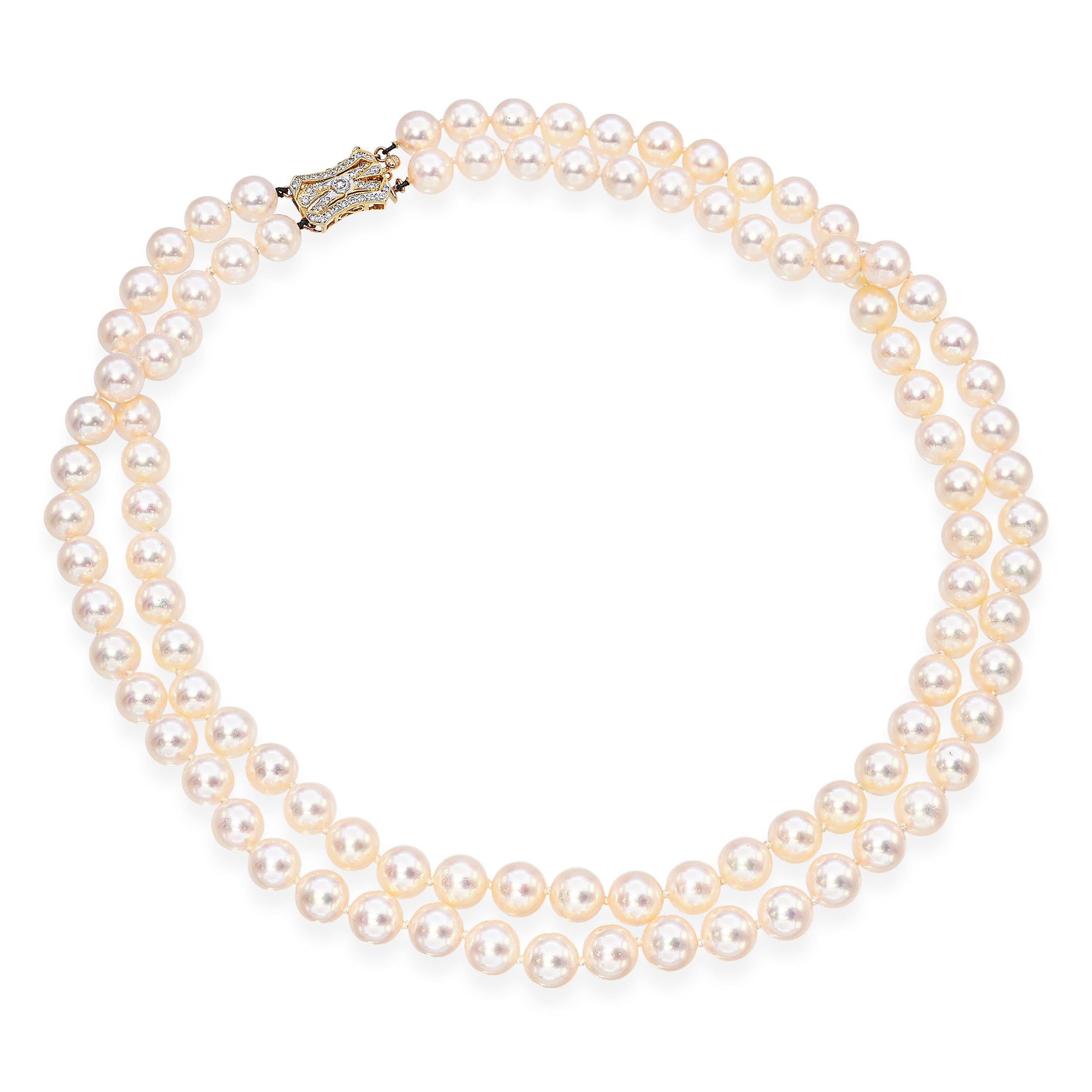 Vintage 18k Yellow Gold Diamond Clasp 8mm Pearl Double Strand Necklace