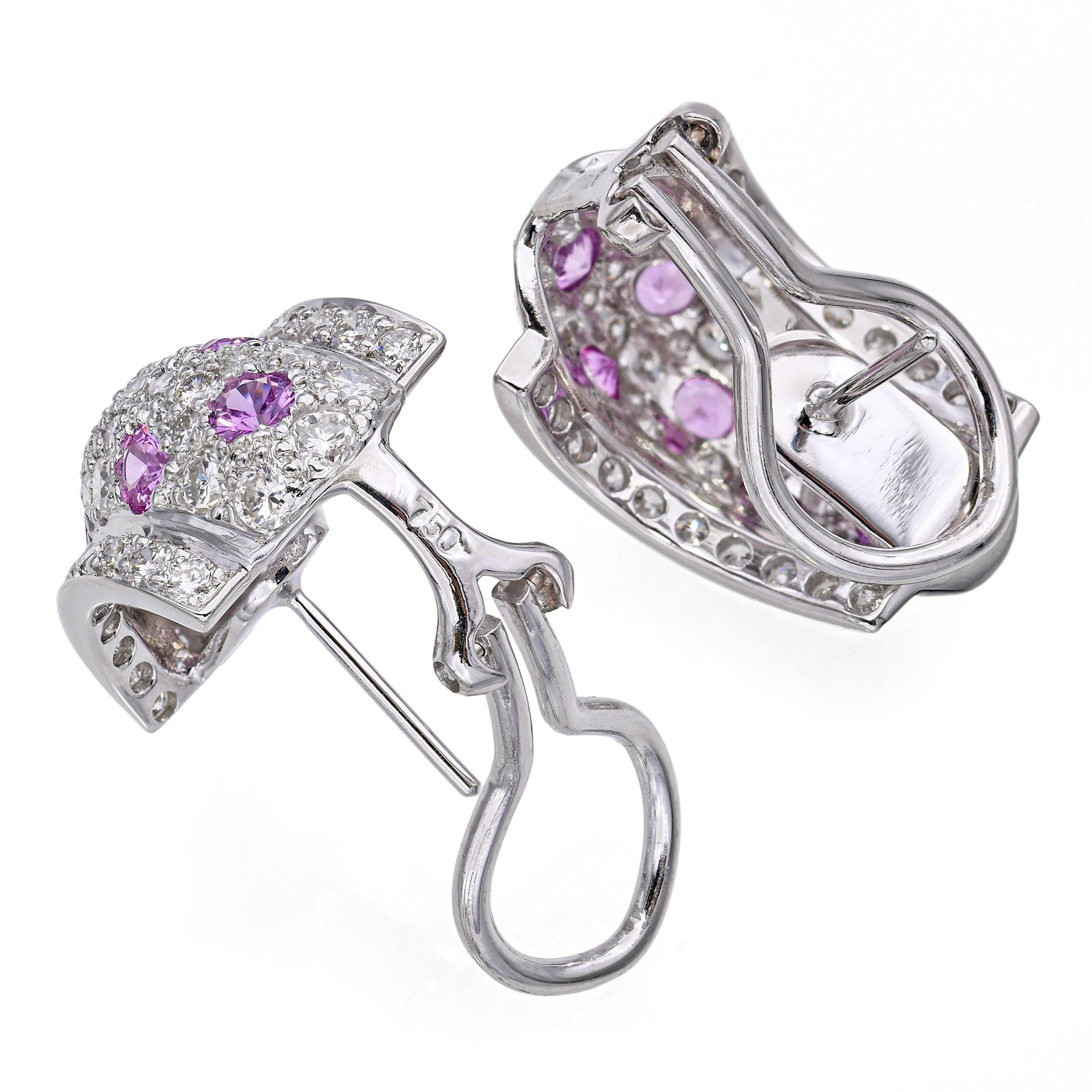 18k White Gold Pink 0.84ct Sapphire and 1.35tcw Diamond Back Earrings
