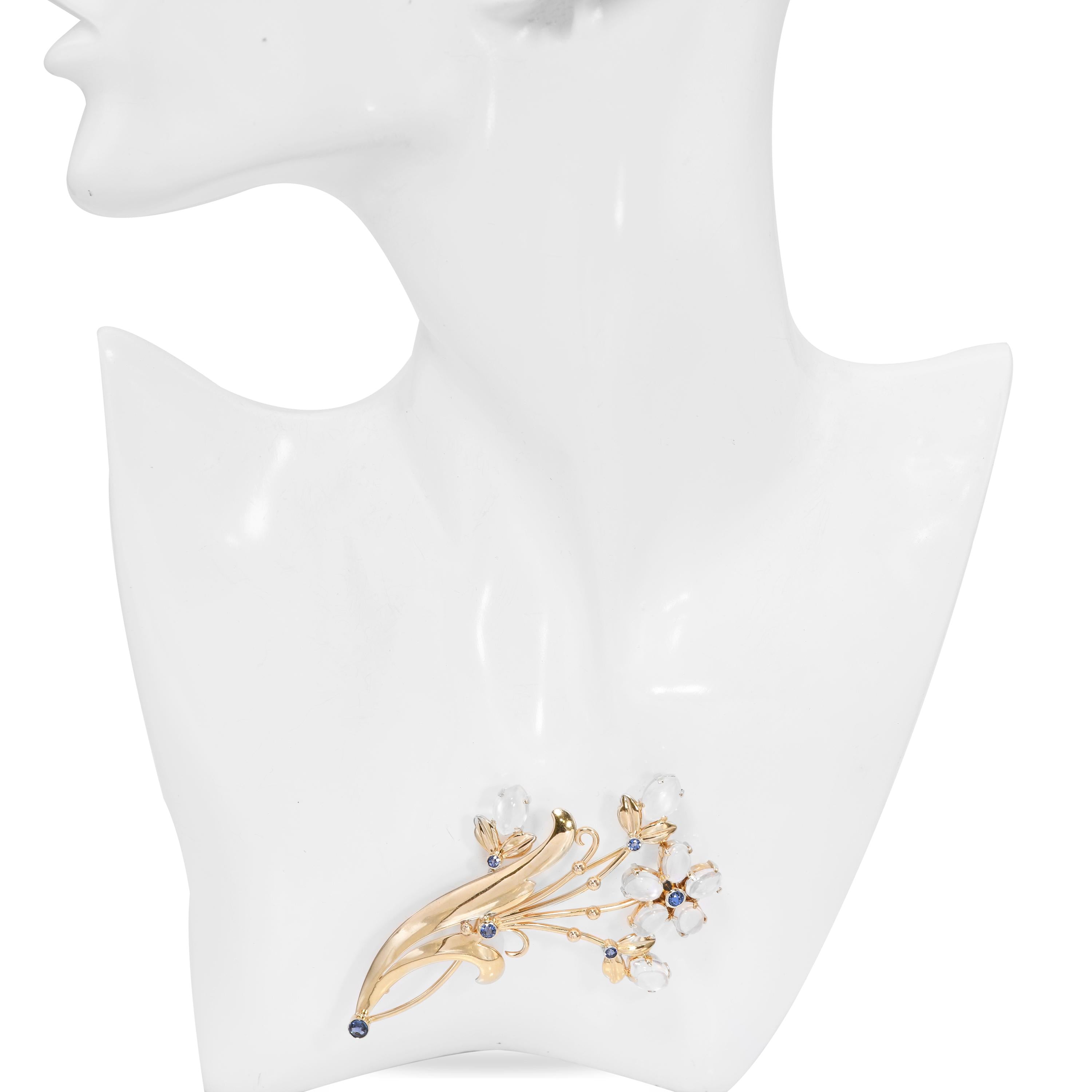 Vintage Tiffany & Co. 14k Yellow Gold Moonstone & Sapphire Floral Bouquet Brooch