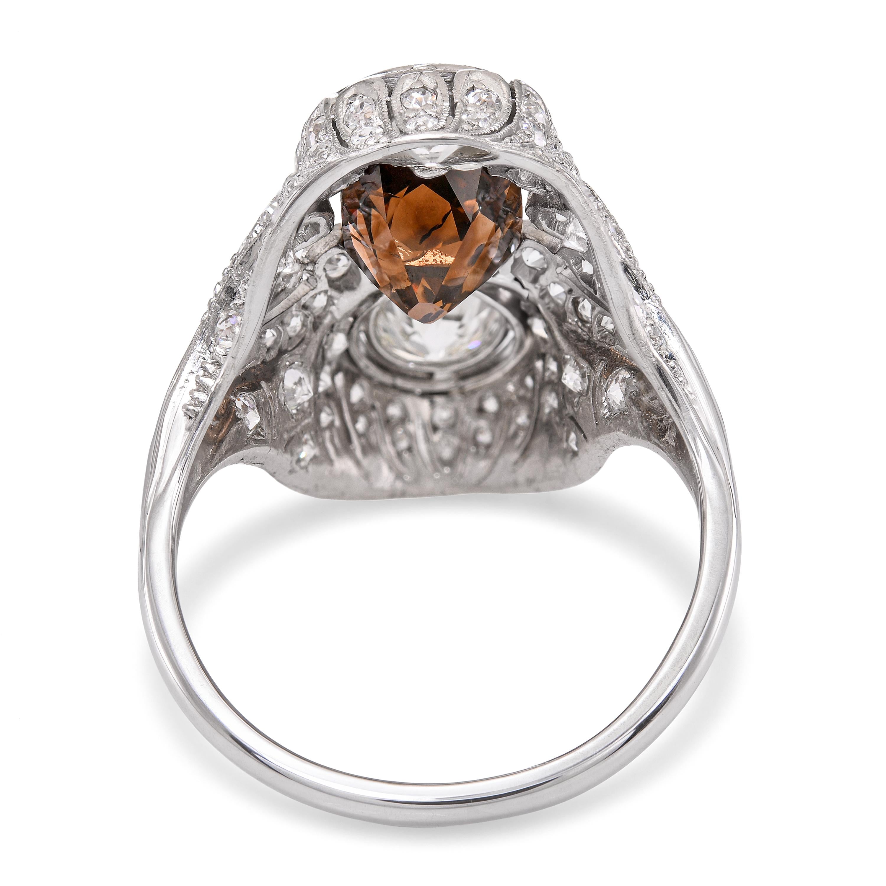 Antique Edwardian Platinum GIA 2.55ct Cognac OMC Diamond & OEC Diamond Ring
