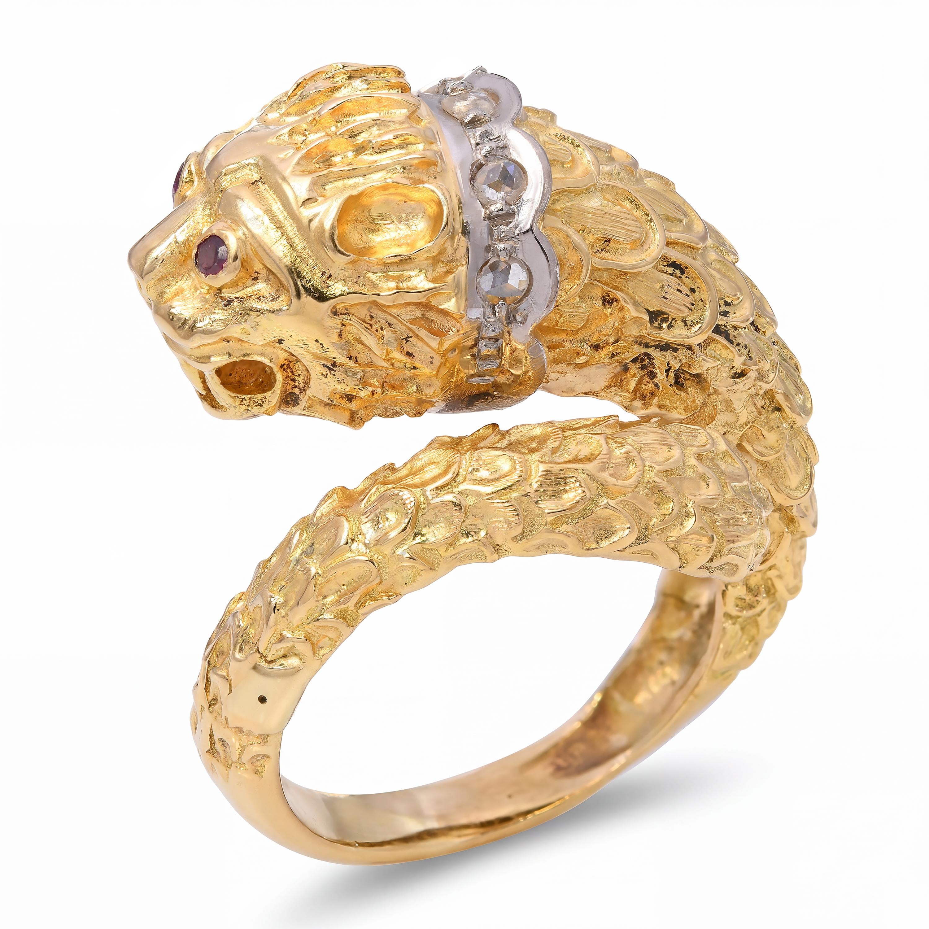 Vintage 18k Yellow Gold Greek Lion with Ruby Eyes and Diamond Collar Ring