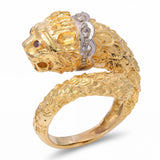 Vintage 18k Yellow Gold Greek Lion with Ruby Eyes and Diamond Collar Ring