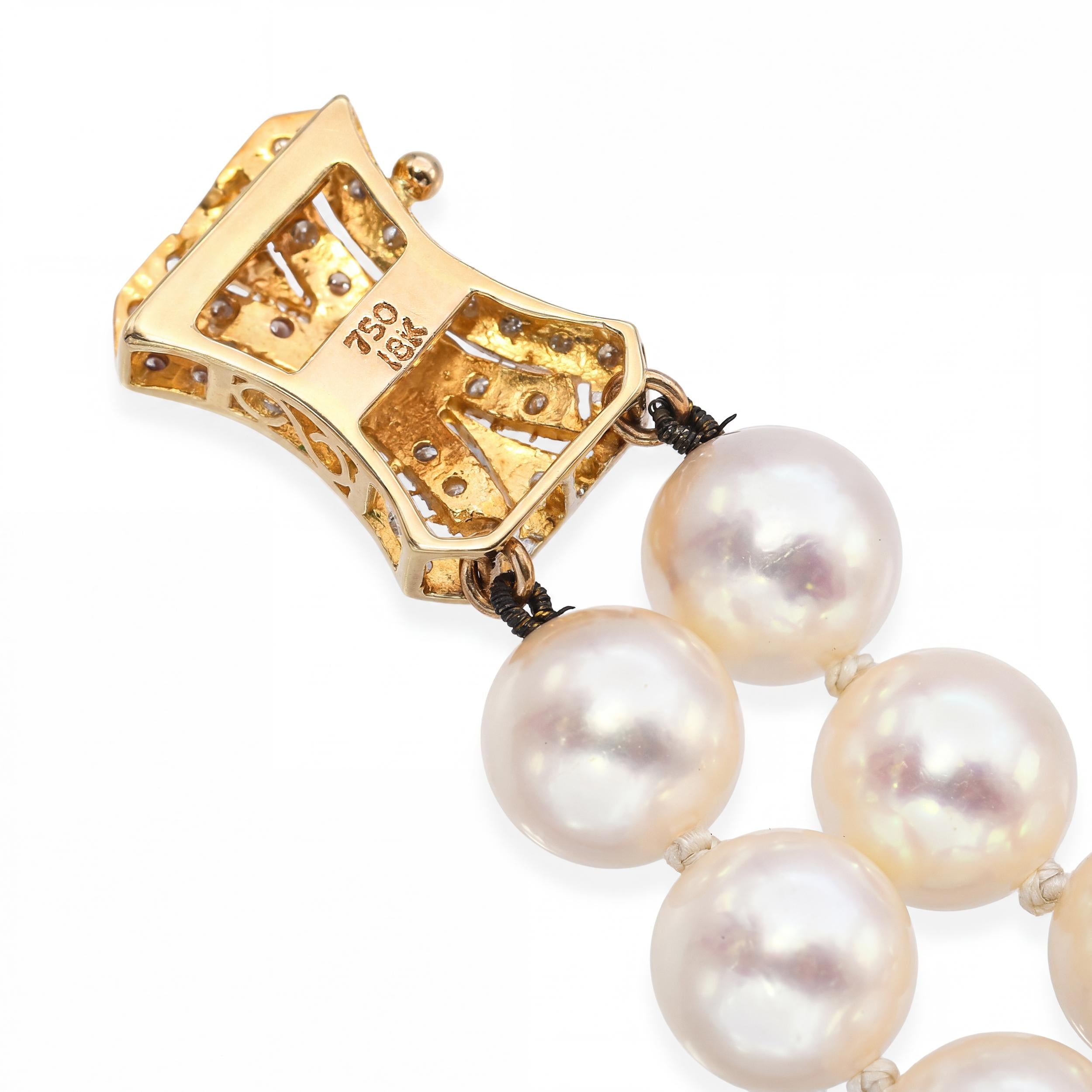 Vintage 18k Yellow Gold Diamond Clasp 8mm Pearl Double Strand Necklace