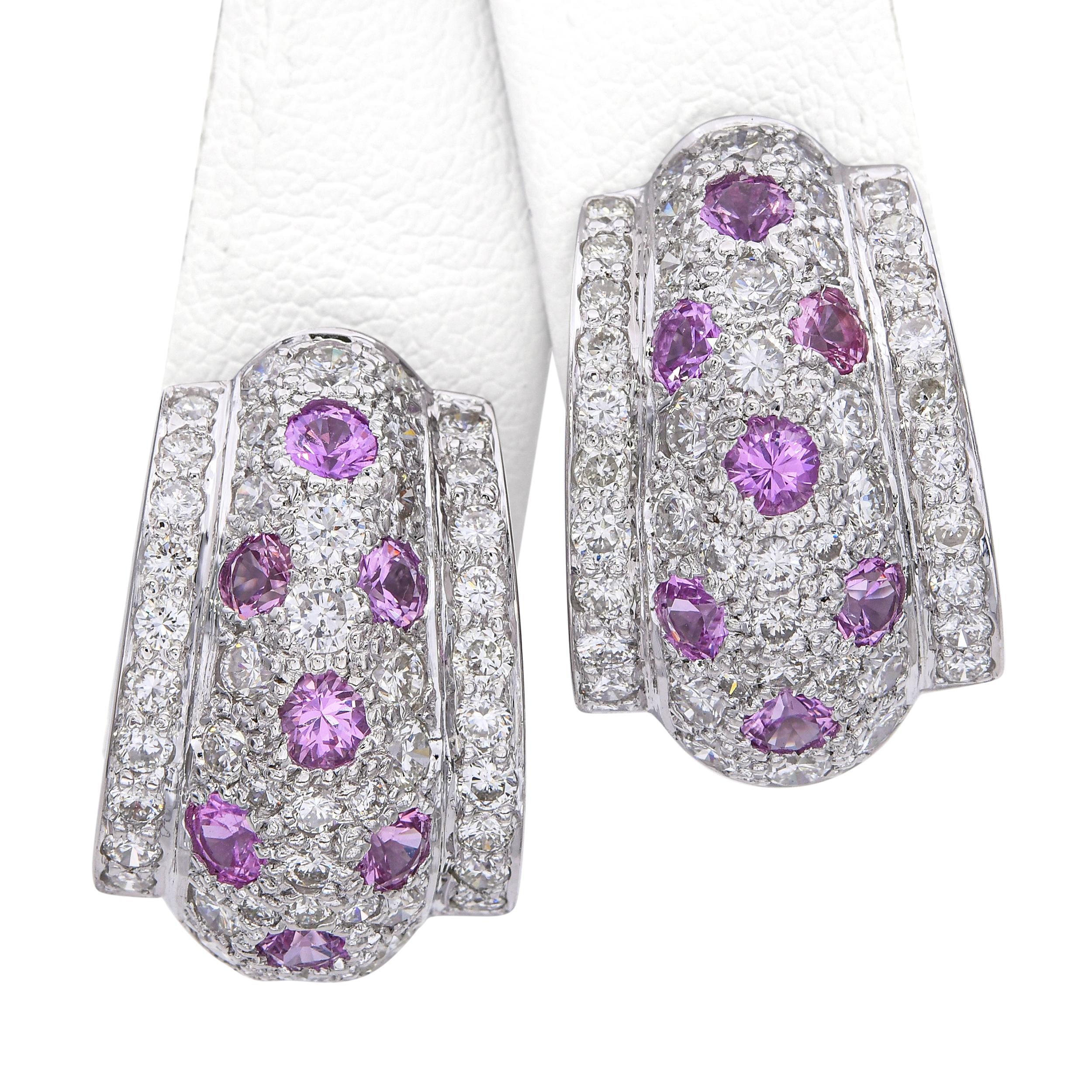 18k White Gold Pink 0.84ct Sapphire and 1.35tcw Diamond Back Earrings