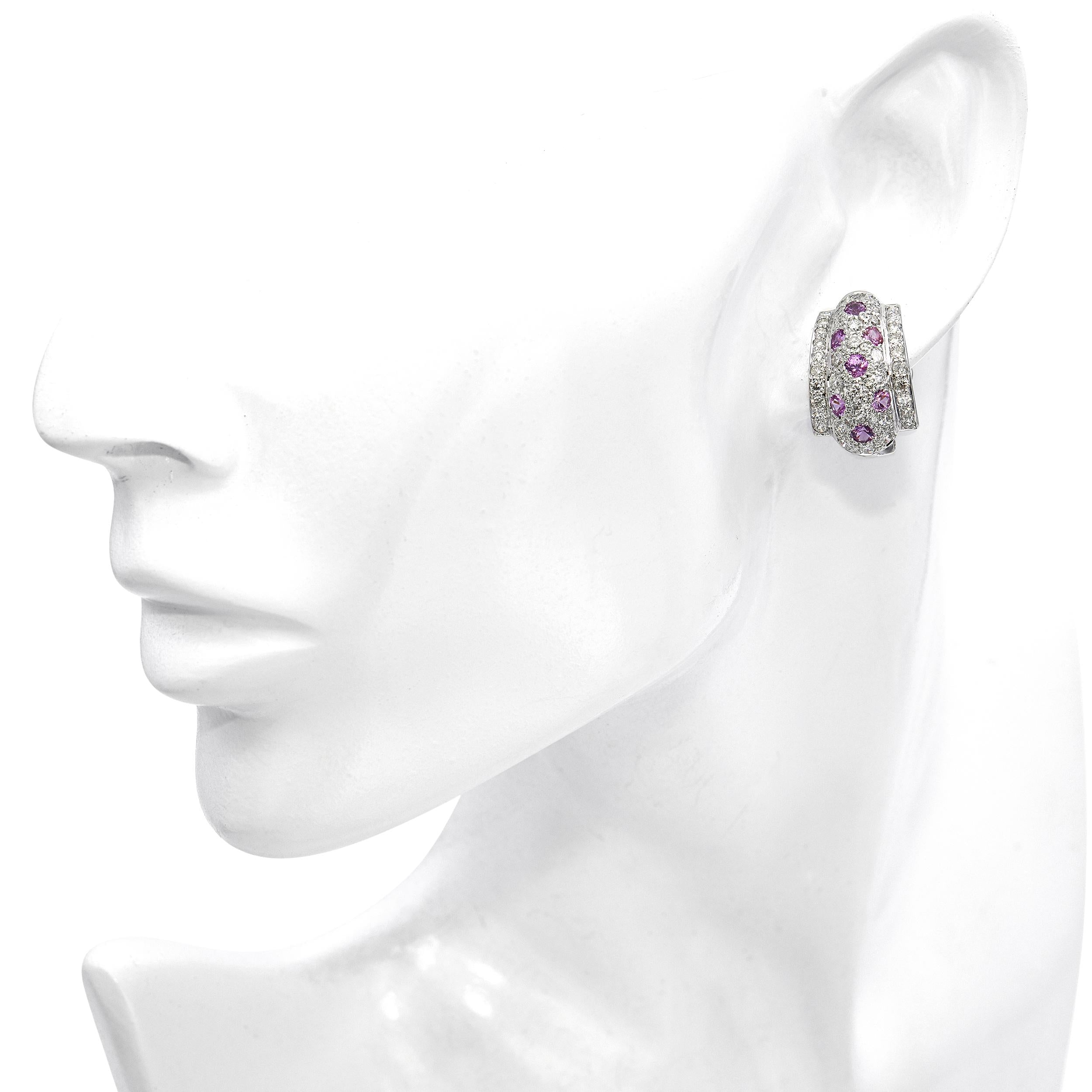 18k White Gold Pink 0.84ct Sapphire and 1.35tcw Diamond Back Earrings