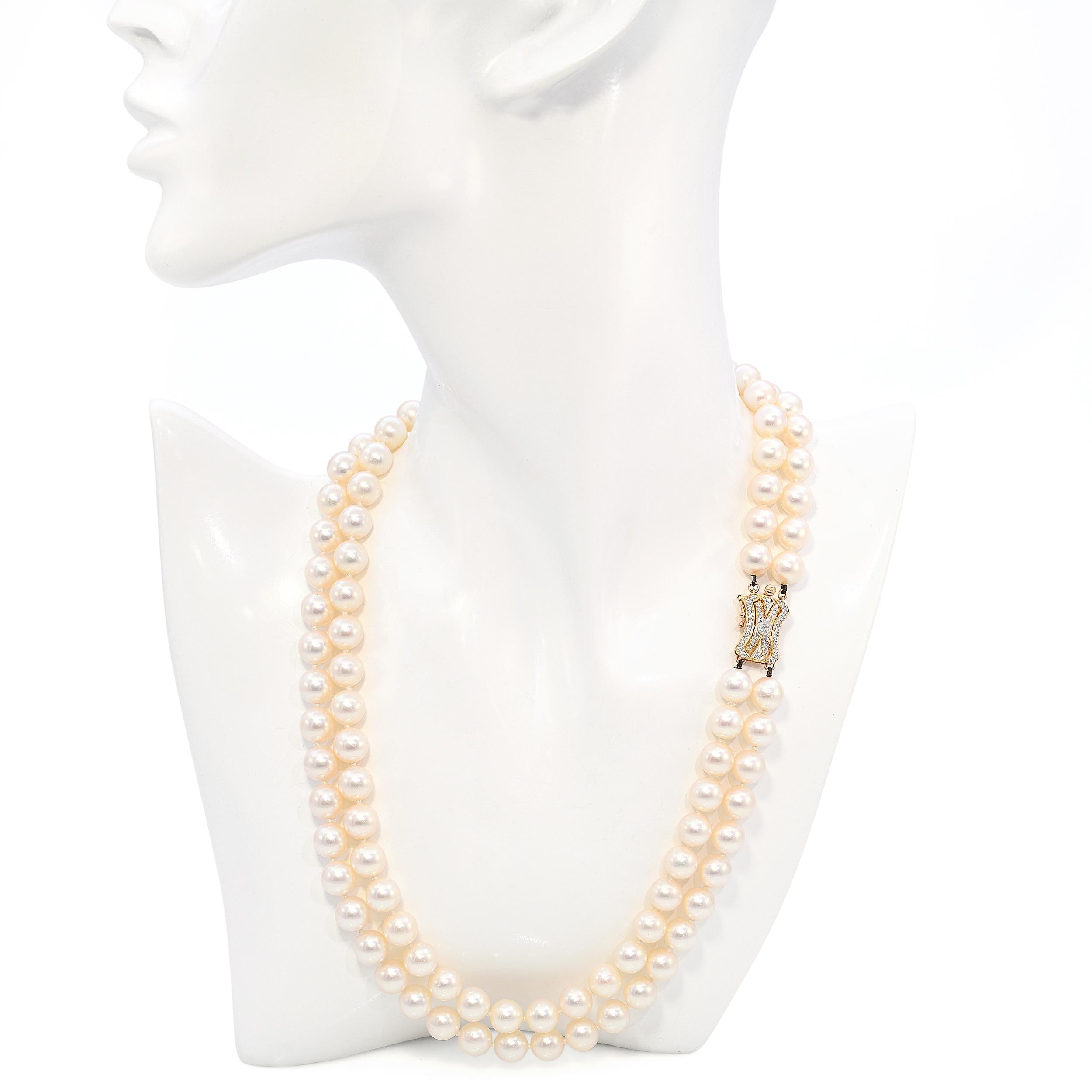 Vintage 18k Yellow Gold Diamond Clasp 8mm Pearl Double Strand Necklace